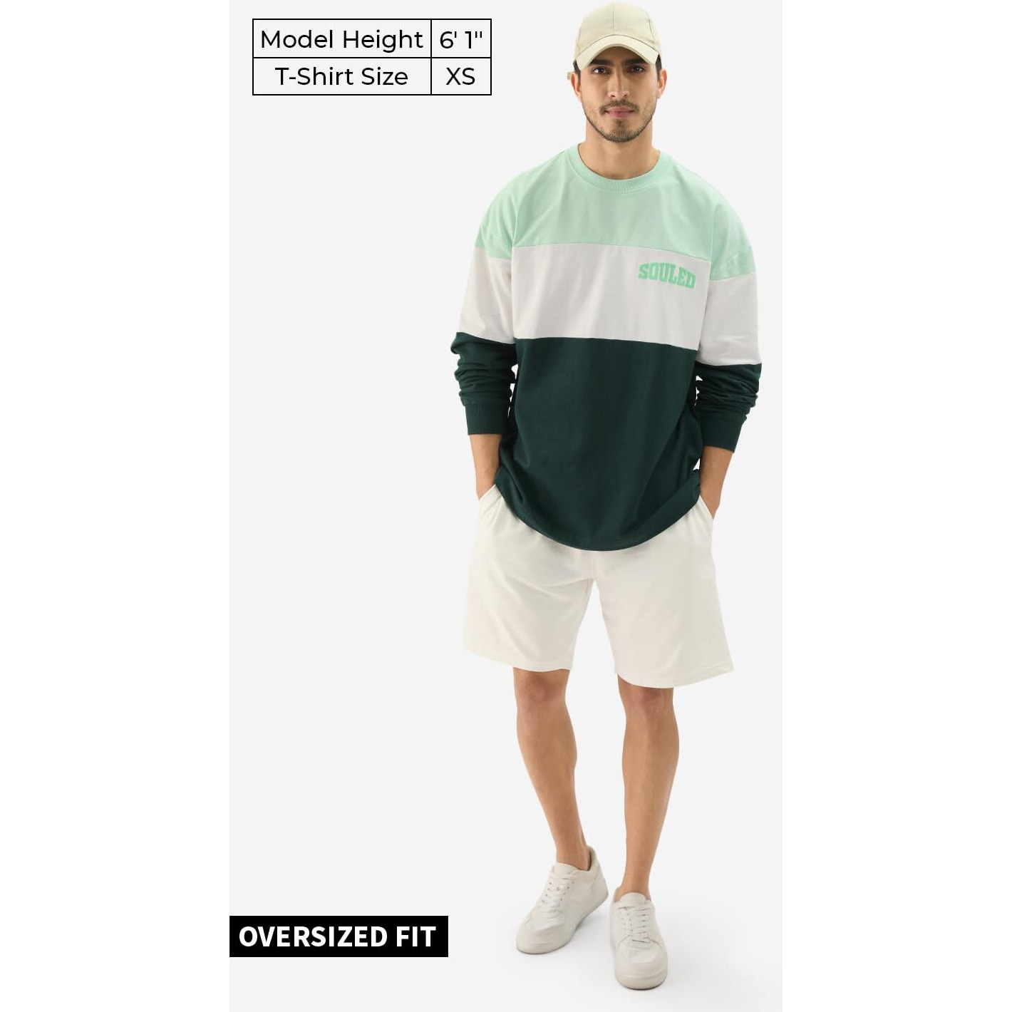 The Souled Store Jasper Men and Boys Round Neck Green and White Colorblock Full Sleeve Oversized T-Shirts Oversized Men's T-Shirts Solid Tees Casual Fashion Relaxed Fit Full Sleeves Round Neck