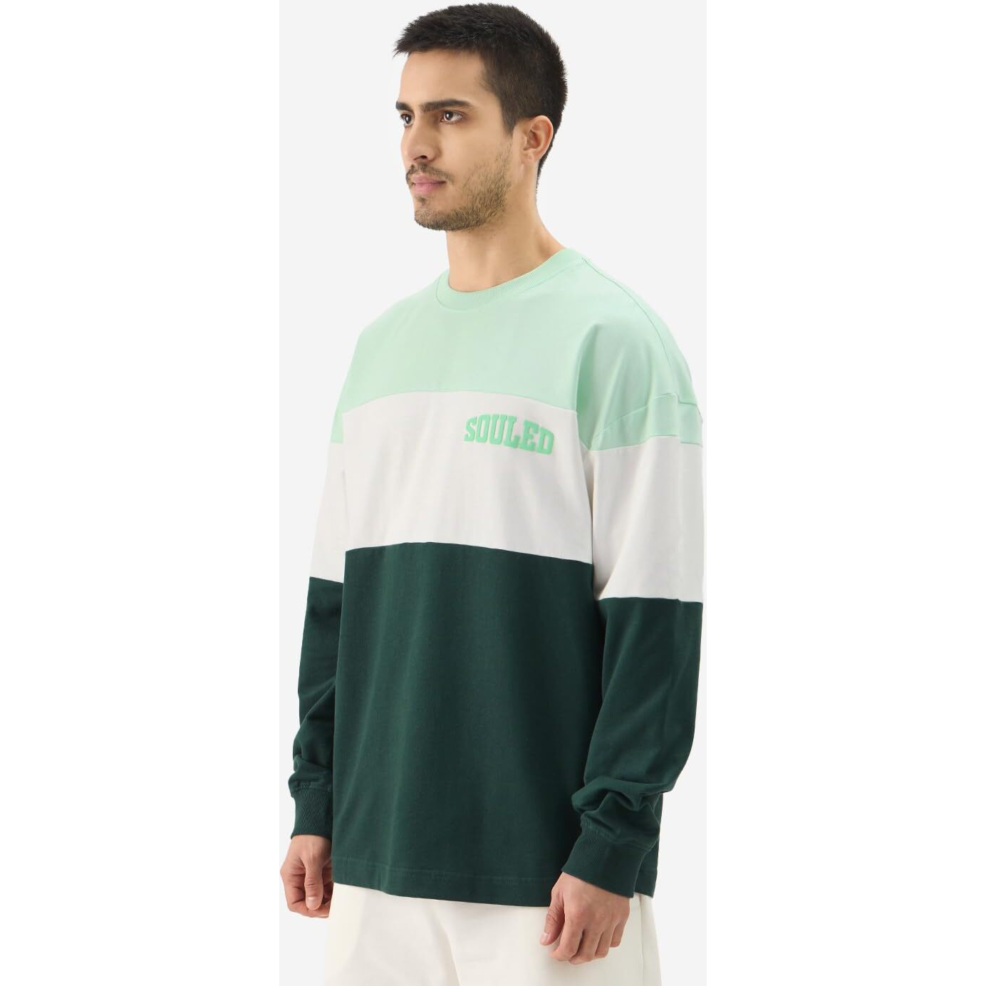 The Souled Store Jasper Men and Boys Round Neck Green and White Colorblock Full Sleeve Oversized T-Shirts Oversized Men's T-Shirts Solid Tees Casual Fashion Relaxed Fit Full Sleeves Round Neck