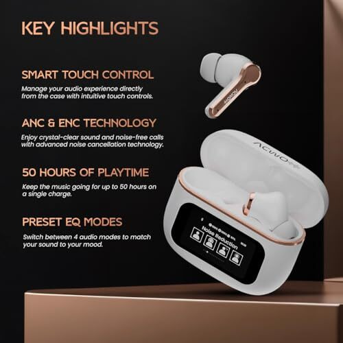 ACwO Dwots Touch TWS in Ear Earbuds | Hd Touch Display | 32Db ANC | Transparency Mode | 50 Hrs Playtime | Ai-Enc Quad Mics | Find My Earphones | Bluetooth 5.4 | 4 Eq Modes | Platinum White