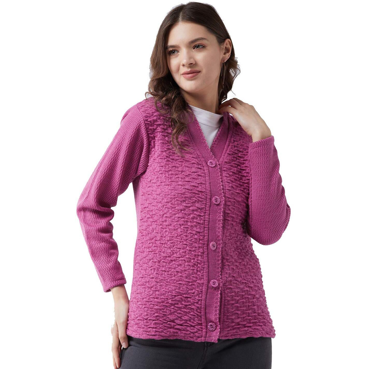 Pivl Self Design V Neck Casual Women Sweater/Cardigan for Winter (XXL, Light Pink)