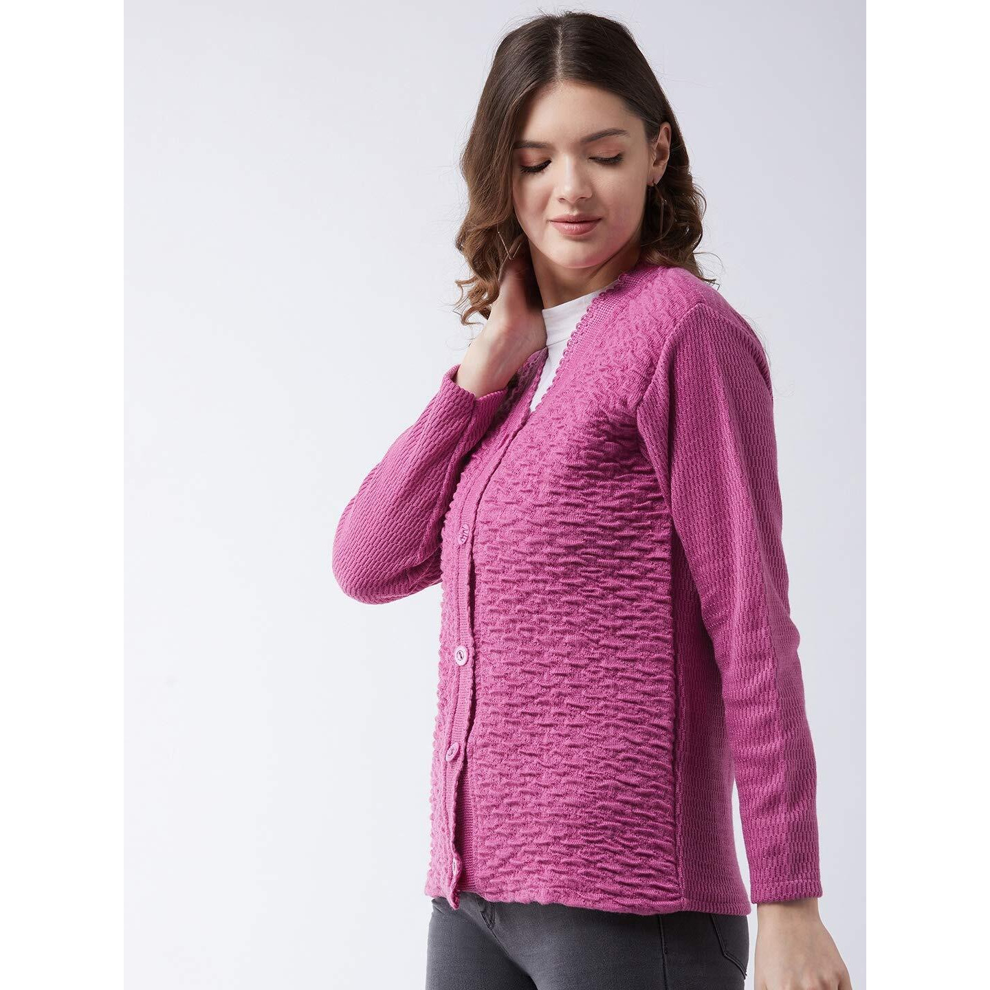 Pivl Self Design V Neck Casual Women Sweater/Cardigan for Winter (XXL, Light Pink)