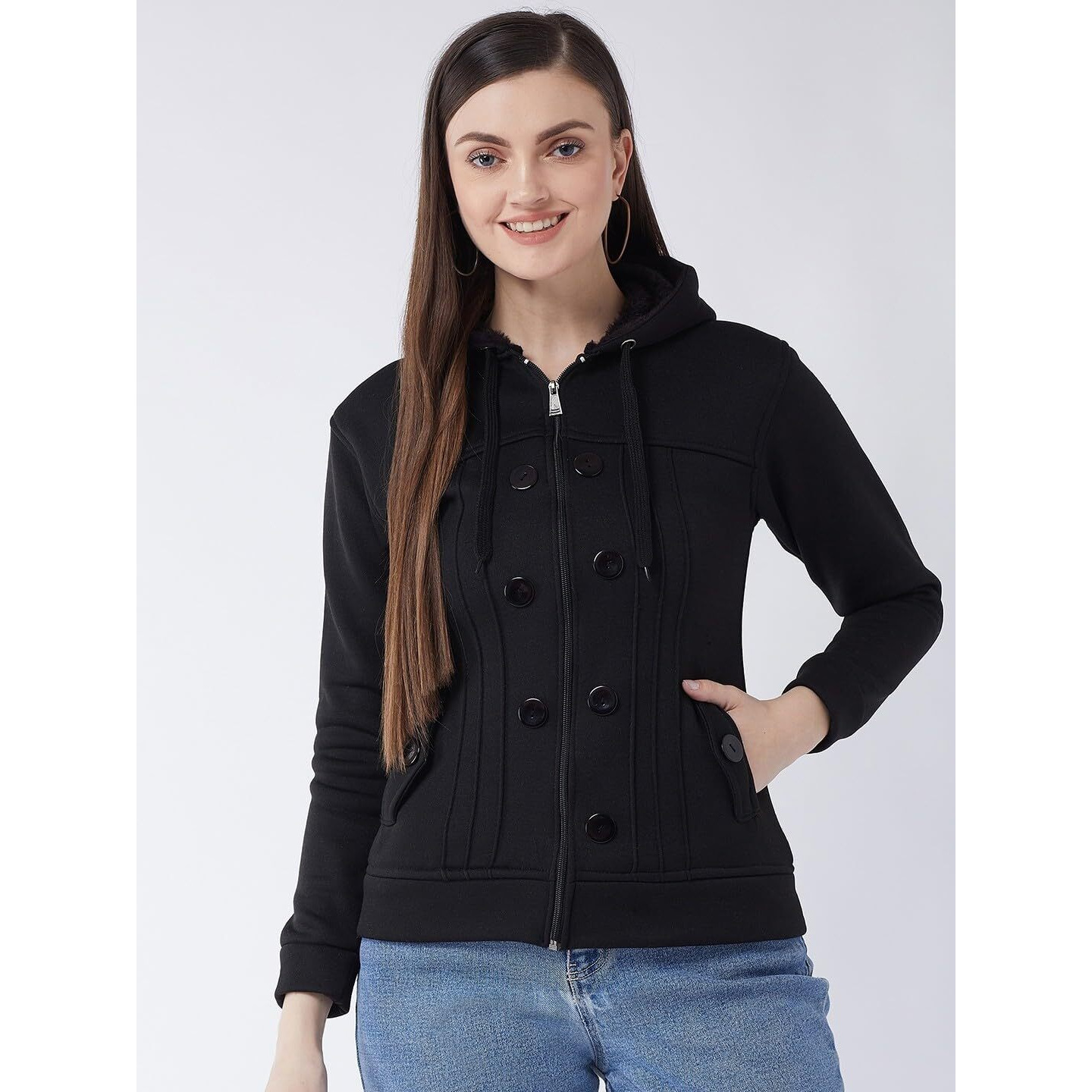 PIVL Women Solid Jacket For Winter-BLACK-L