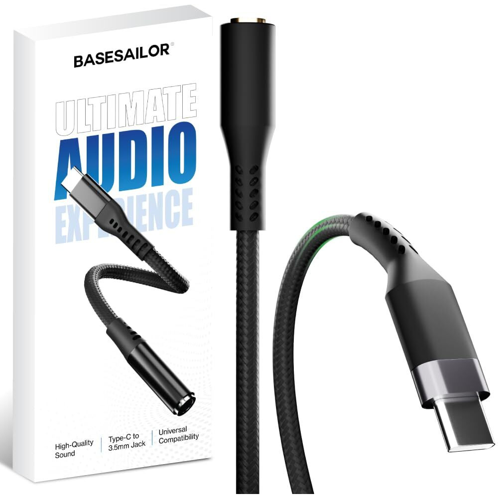 Basesailor Type-C to 3.5mm Audio Jack Connector/Adapter[5-Year Warranty*] with DAC Compatible for iPhone 15 & 16,Samsung S Series,OnePlus,Google Pixel, Nothing & Any Type C Phones-Headphones Converter
