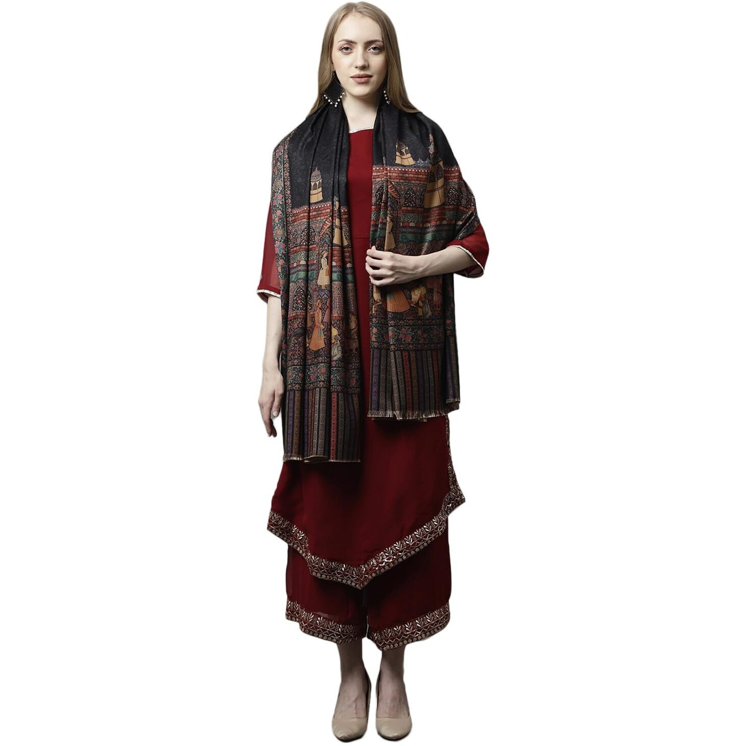 Weavers Villa Women's Acro Wool Blend Digital Print Design Woven Wraps, Stoles, Ladies Shawls, 100cm x 200cm (Design-3)