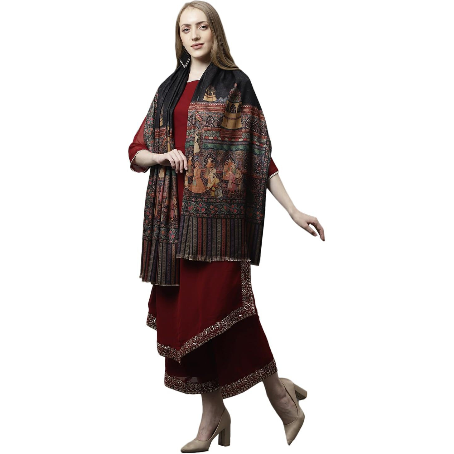 Weavers Villa Women's Acro Wool Blend Digital Print Design Woven Wraps, Stoles, Ladies Shawls, 100cm x 200cm (Design-3)