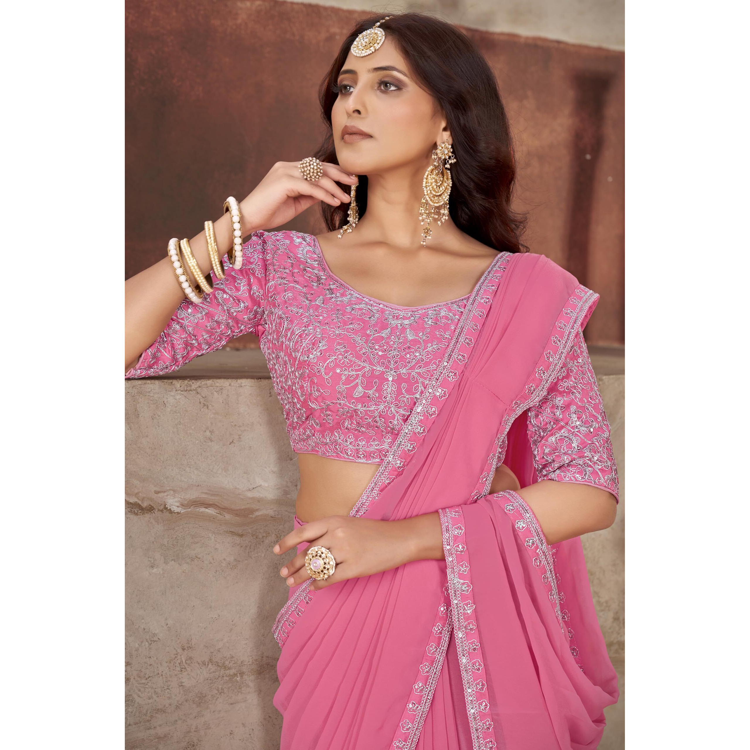 Glory Sarees Women's Georgette Ready To Wear Saree With Silk Blouse Piece (Readymade_Saree106_Pink)