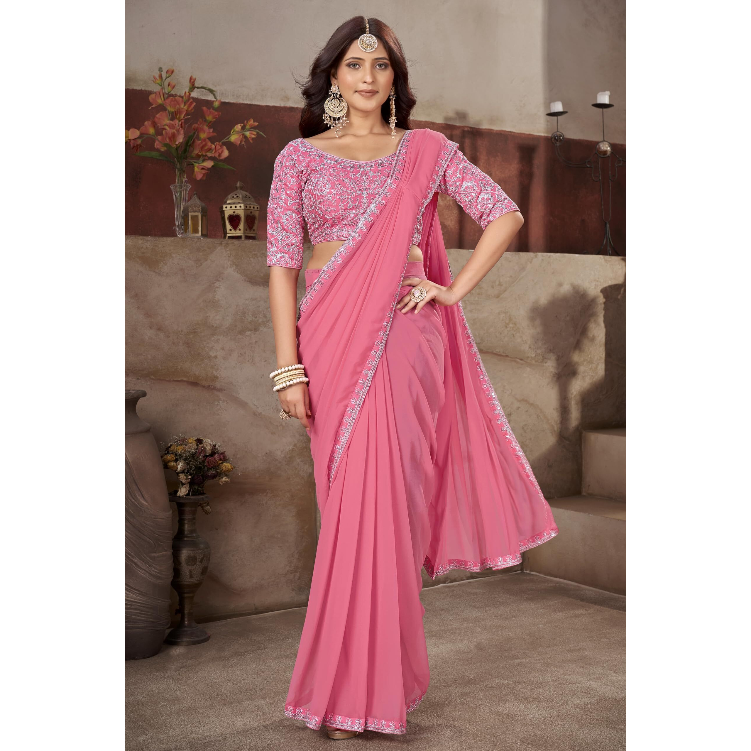 Glory Sarees Women's Georgette Ready To Wear Saree With Silk Blouse Piece (Readymade_Saree106_Pink)