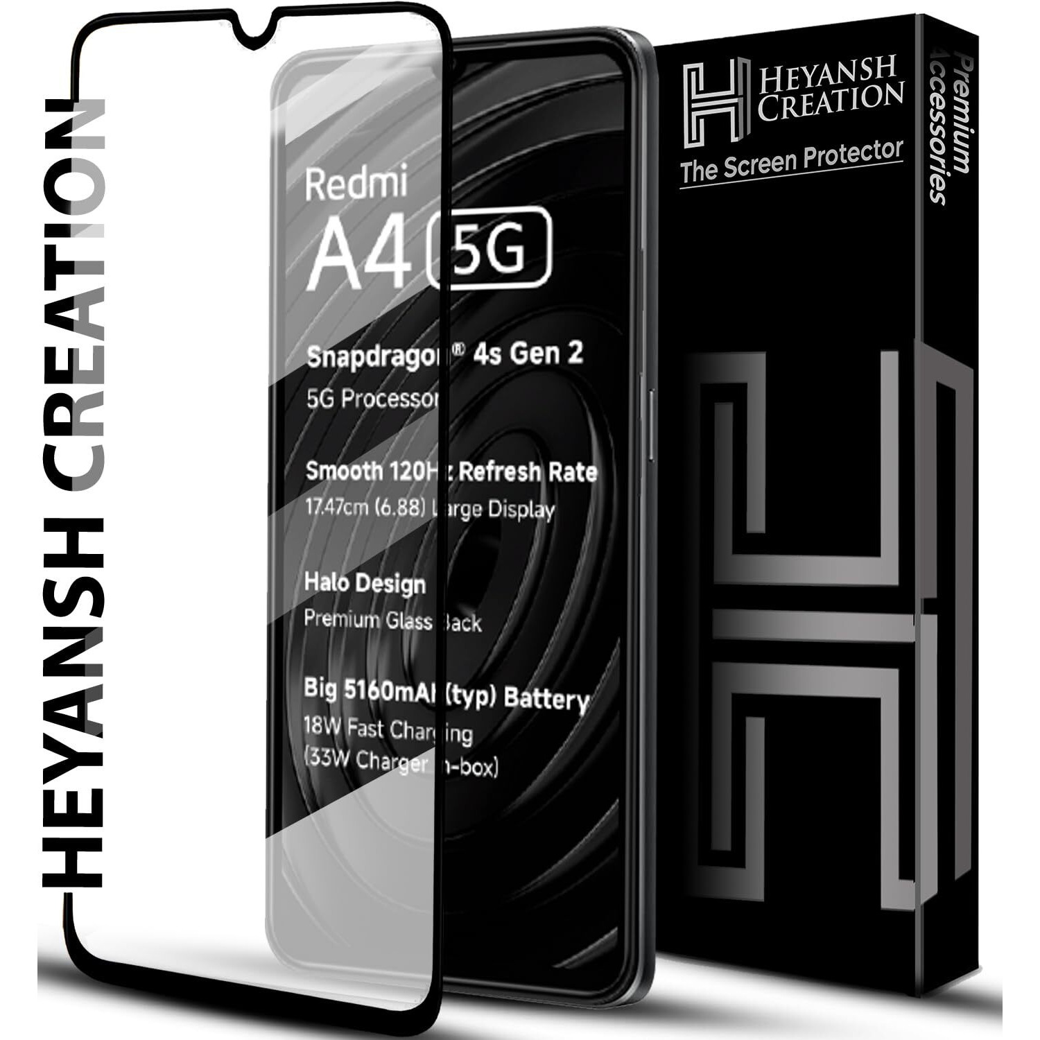 HEYANSH CREATION Tempered Glass Screen Protector Compatible for Redmi A4 5G / REDMI A4 with Edge to Edge Coverage and Easy Installation Kit, Pack of 1, Black