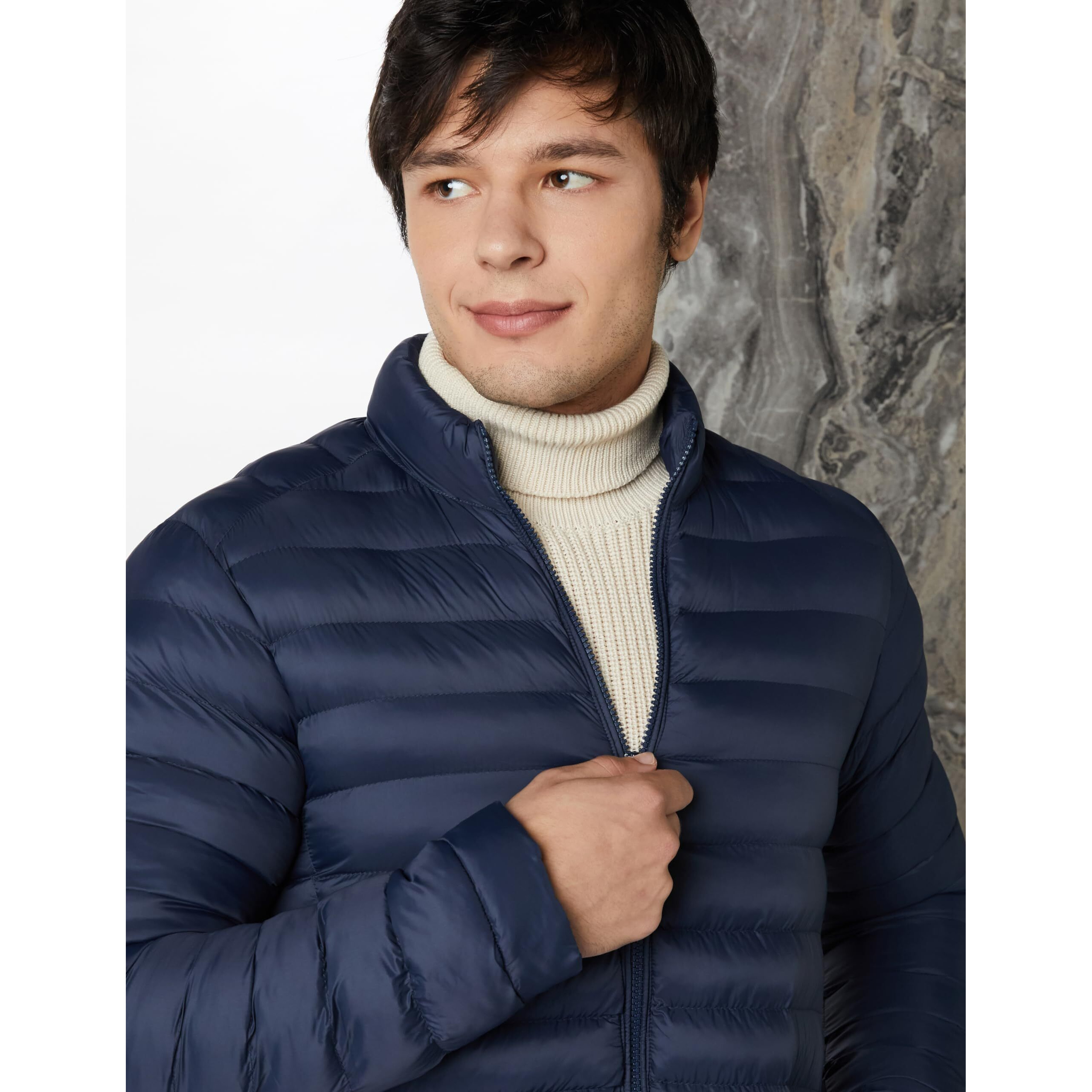 Amazon Brand - Symbol Men's Nylon Quilted Puffer Standard Length Jacket Navy M