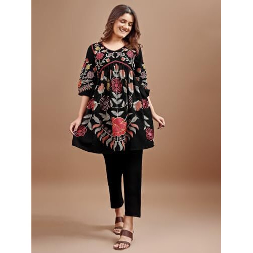 Womanista Women's Black Colour Linen Multi Thread Embroidery Flared Tunic with Trouser coord Set(Co-ords_9072_M)