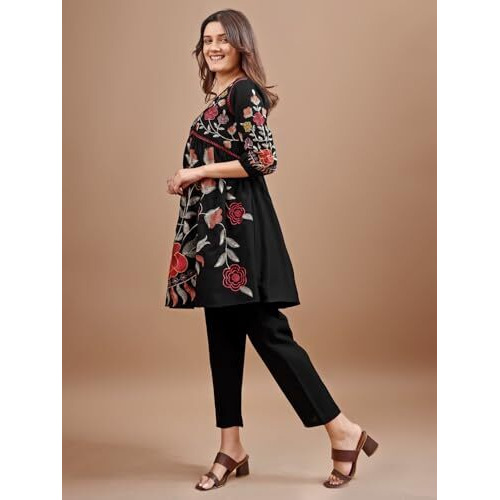 Womanista Women's Black Colour Linen Multi Thread Embroidery Flared Tunic with Trouser coord Set(Co-ords_9072_M)
