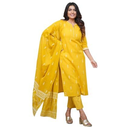 FABNEX Kurta Set for Women | Women Kurta Set with Dupatta | Women Kurta Sets Kurtis | Women Kurta Pant Set (K-94-95) (in, Alpha, M, Regular, Yellow)
