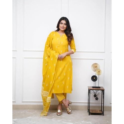 FABNEX Kurta Set for Women | Women Kurta Set with Dupatta | Women Kurta Sets Kurtis | Women Kurta Pant Set (K-94-95) (in, Alpha, M, Regular, Yellow)
