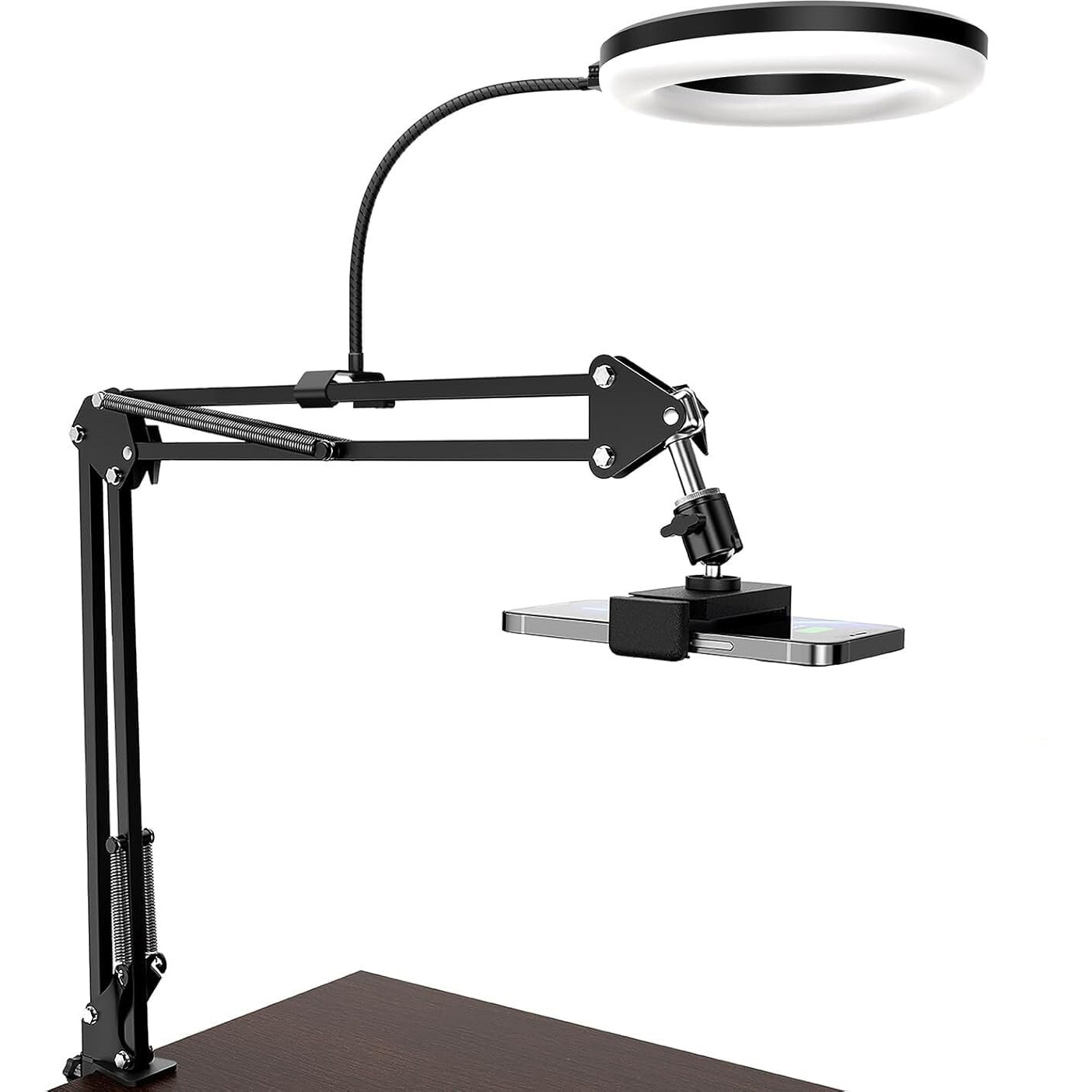 Sounce Overhead Video Stand with 6-inch Ring Light, Metal arm Body,1/4" Ball Head for Camera Desktop Stand, Mobile Bedroom Stand and Tablet Bracket for Overhead Video (6" with Ring Light)