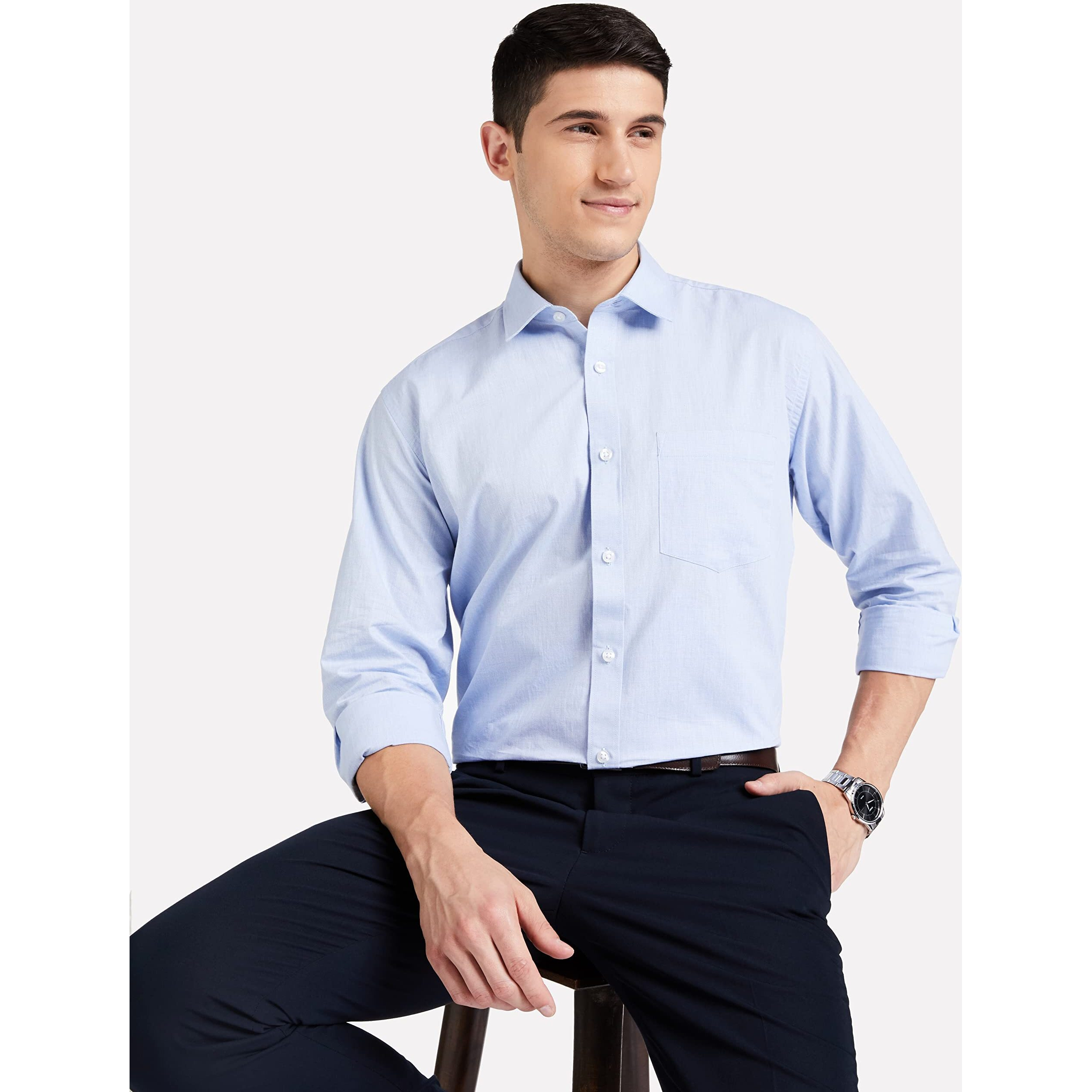 Amazon Brand - Symbol Men's Cotton Rich Formal Shirt | Plain | Full Sleeve - Regular Fit (Available in Plus Size) (L.Blue_42)