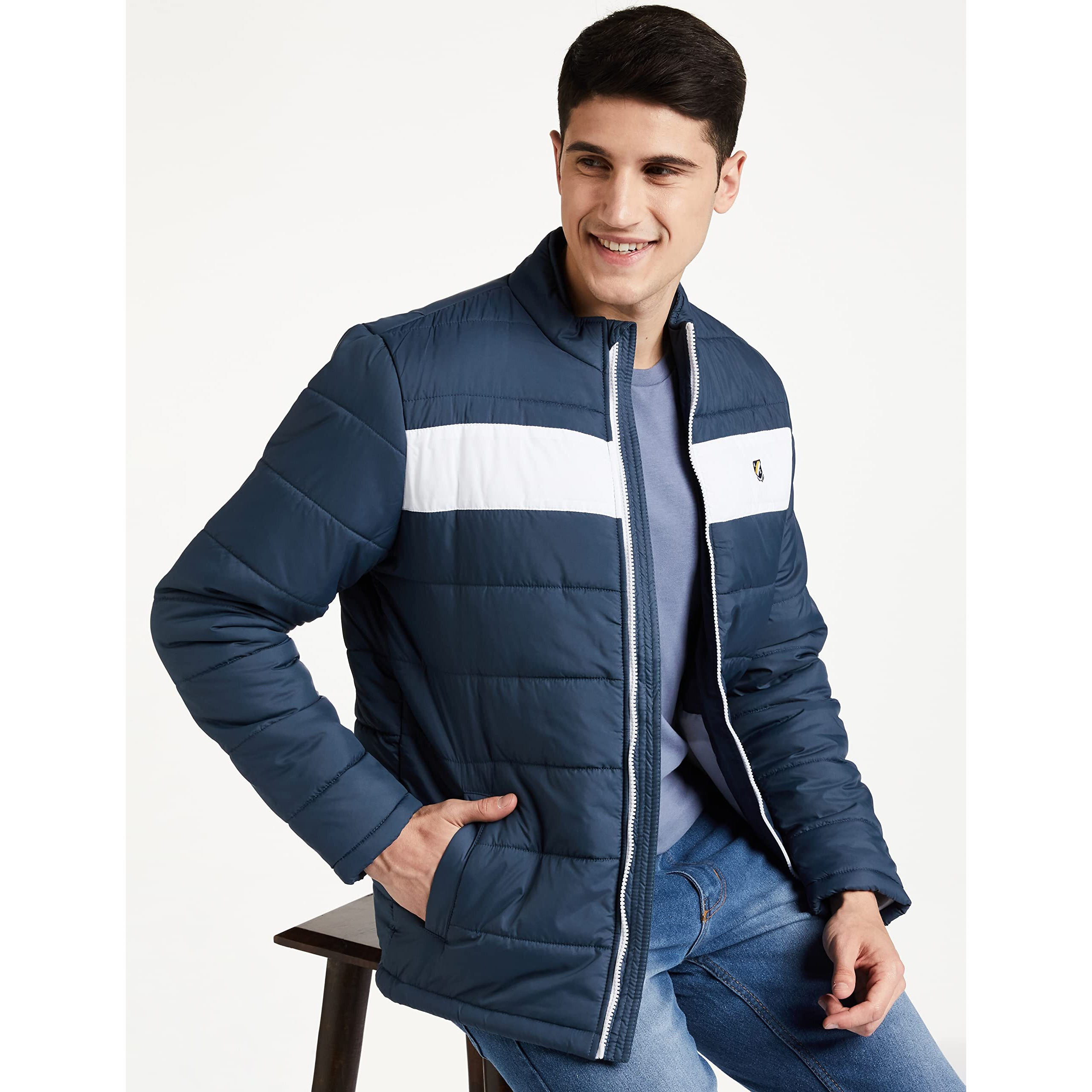 Amazon Brand - House & Shields Men's Quilted Bomber Polyester Standard Length Jacket AW19-HSJ-06_Airforce & White_XL