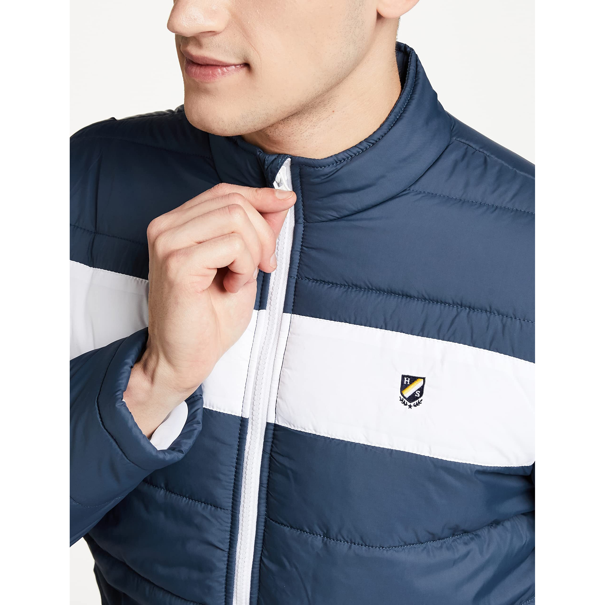 Amazon Brand - House & Shields Men's Quilted Bomber Polyester Standard Length Jacket AW19-HSJ-06_Airforce & White_XL