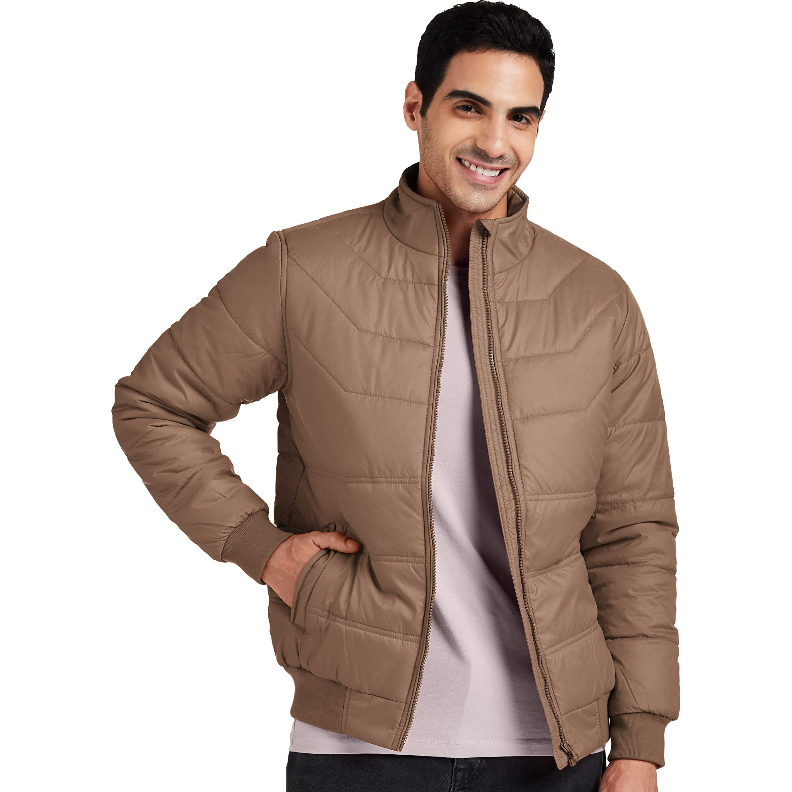 Amazon Brand - Symbol Men Polyester 's Essential Quilted Bomber Standard Length Jacket (Aw20-Qb-Sy-01_Khaki_Large)