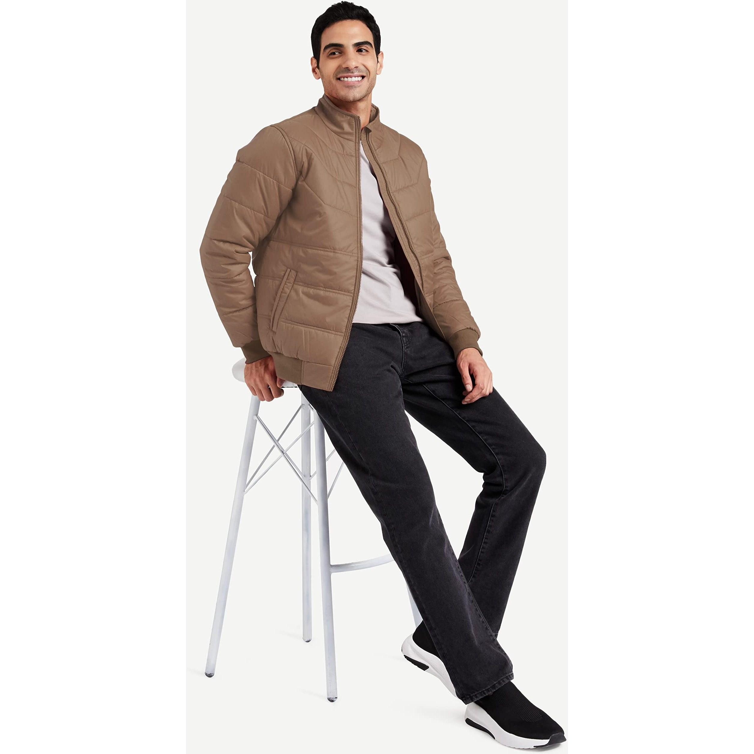 Amazon Brand - Symbol Men Polyester 's Essential Quilted Bomber Standard Length Jacket (Aw20-Qb-Sy-01_Khaki_Large)