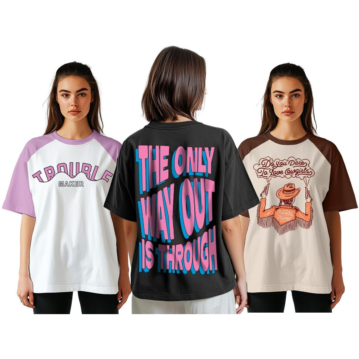 JUNEBERRY Pure Cotton Oversized Loose Baggy Fit Drop Shoulder Half Sleeve Cool Front & Back Graphic Printed Round Neck T-Shirt Combo for Women (PO3_OS_JB_SS25_TOBK_DYSW_TRWT_XXL)