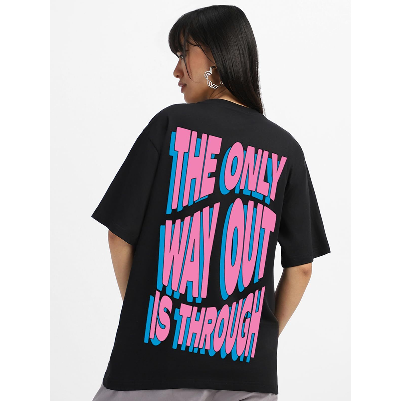 JUNEBERRY Pure Cotton Oversized Loose Baggy Fit Drop Shoulder Half Sleeve Cool Front & Back Graphic Printed Round Neck T-Shirt Combo for Women (PO3_OS_JB_SS25_TOBK_DYSW_TRWT_XXL)