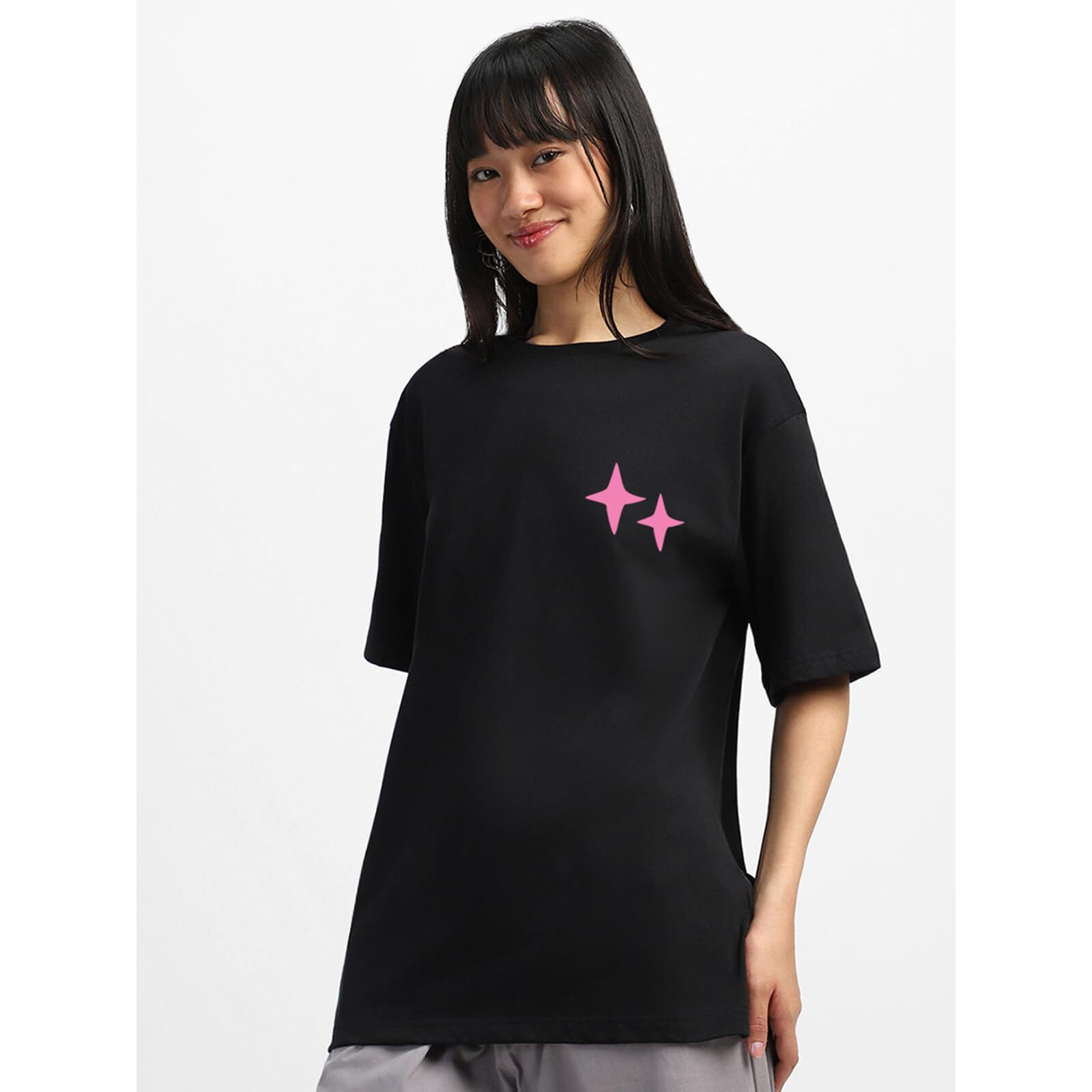 JUNEBERRY Pure Cotton Oversized Loose Baggy Fit Drop Shoulder Half Sleeve Cool Front & Back Graphic Printed Round Neck T-Shirt Combo for Women (PO3_OS_JB_SS25_TOBK_DYSW_TRWT_XXL)