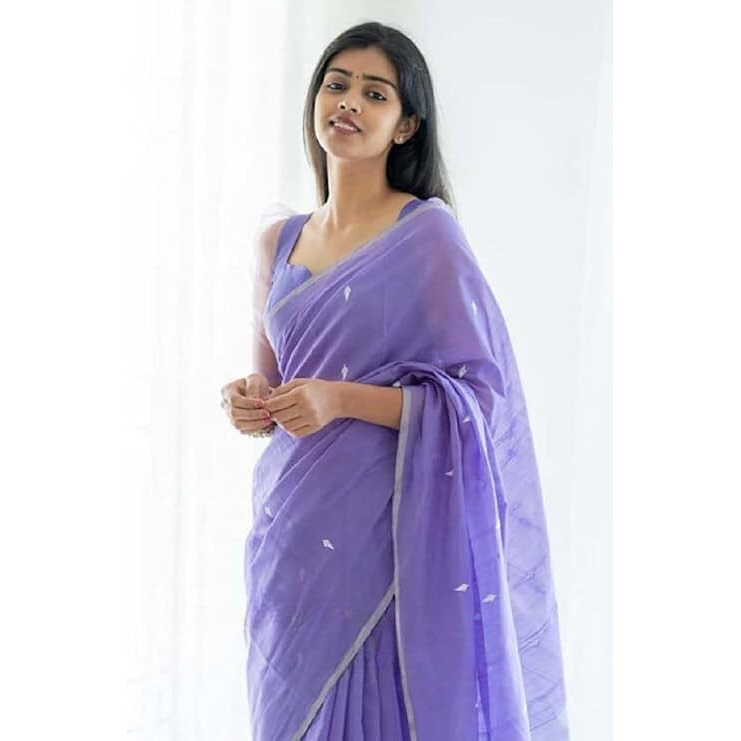 Yashika Women's Trendy Cotton Silk White Color Saree with Blouse Material (Blue)