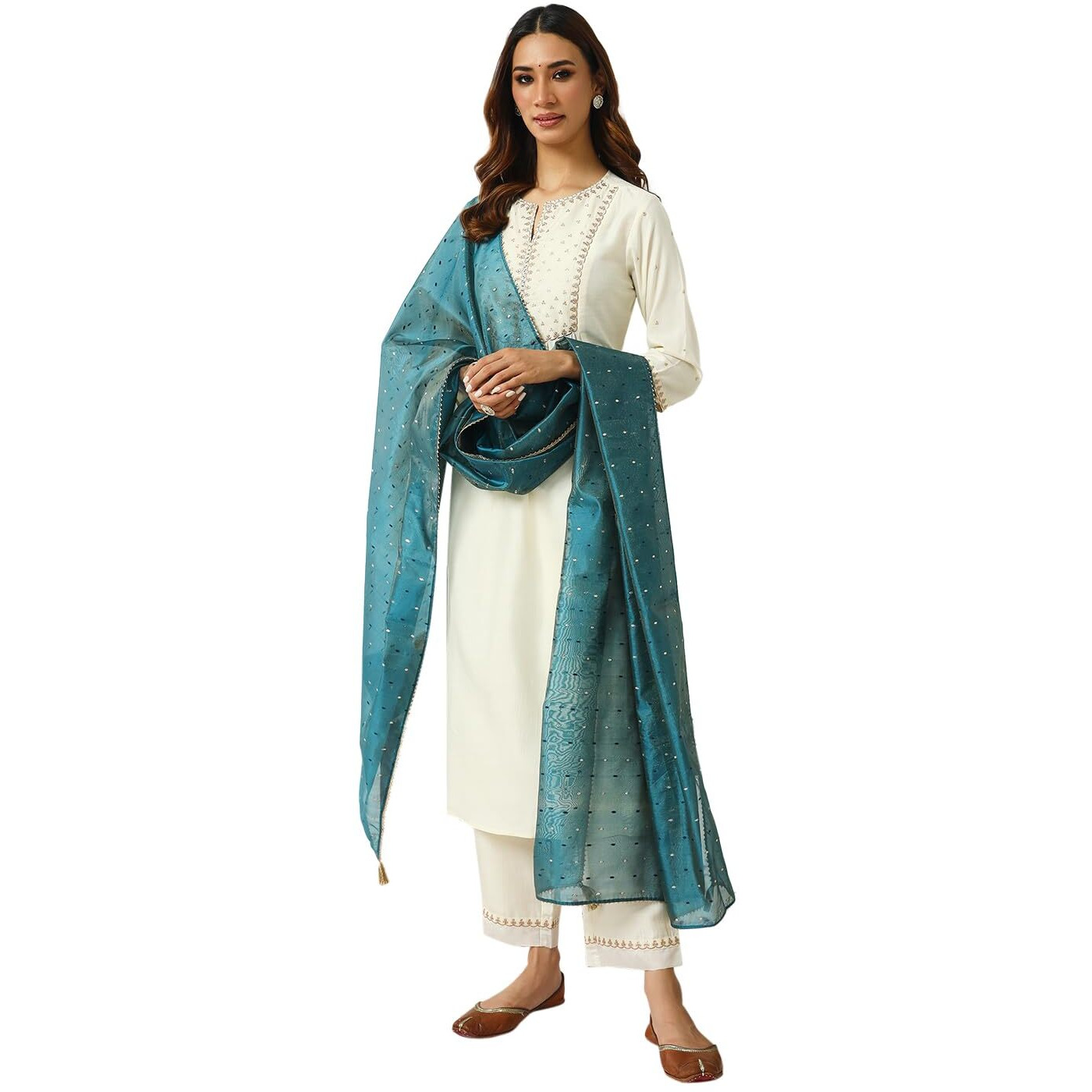 FIORRA Women's Off White Silk Blend Nayra Cut Kurta and Pant with Embroidered Dupatta SET0158