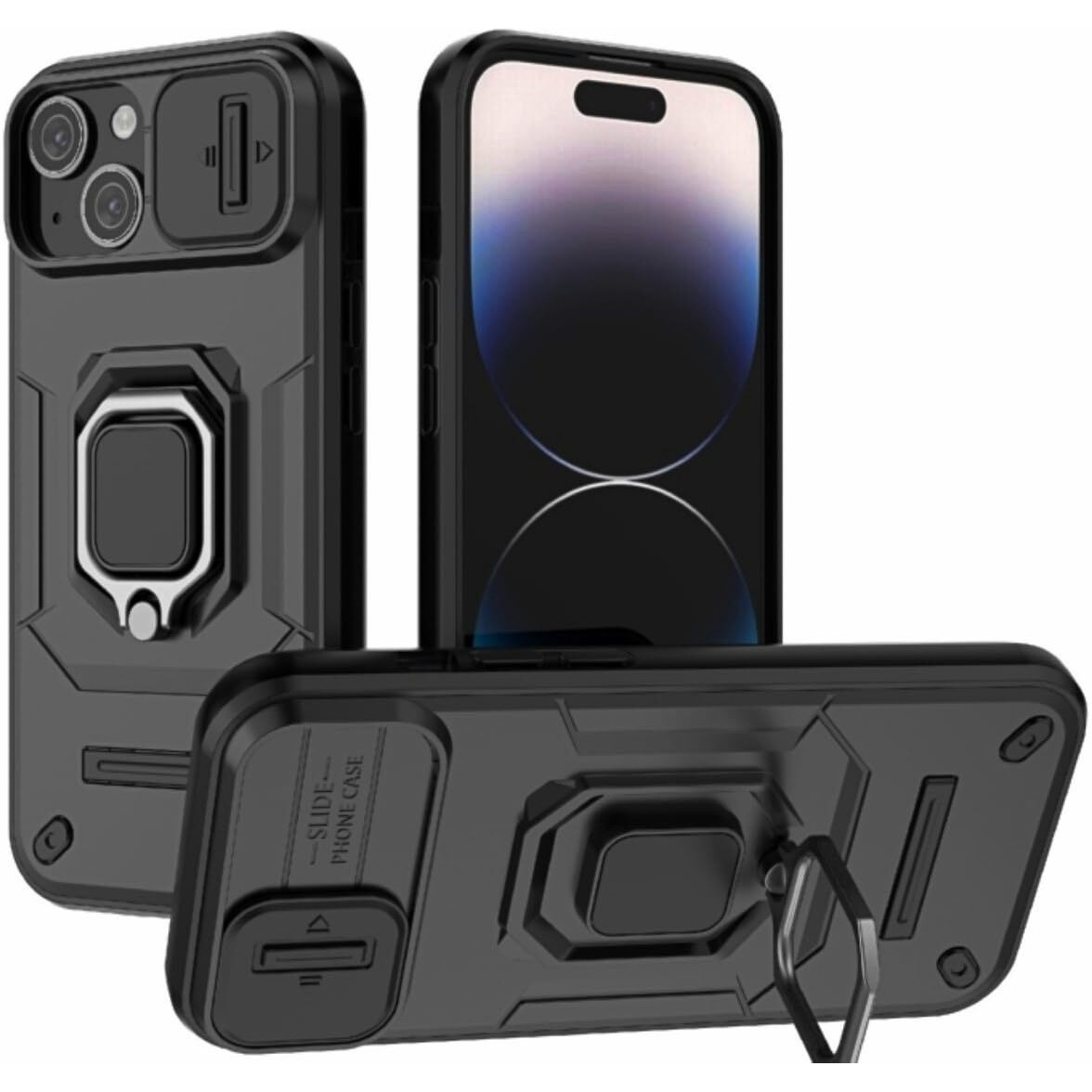 SHINESTAR Tough Armor iPhone 15 Bumper Back Case Cover | Ring Holder & Sliding Camera Shield Cover | 360 Degree Protection Back Case Cover for Apple iPhone 15 (Black)