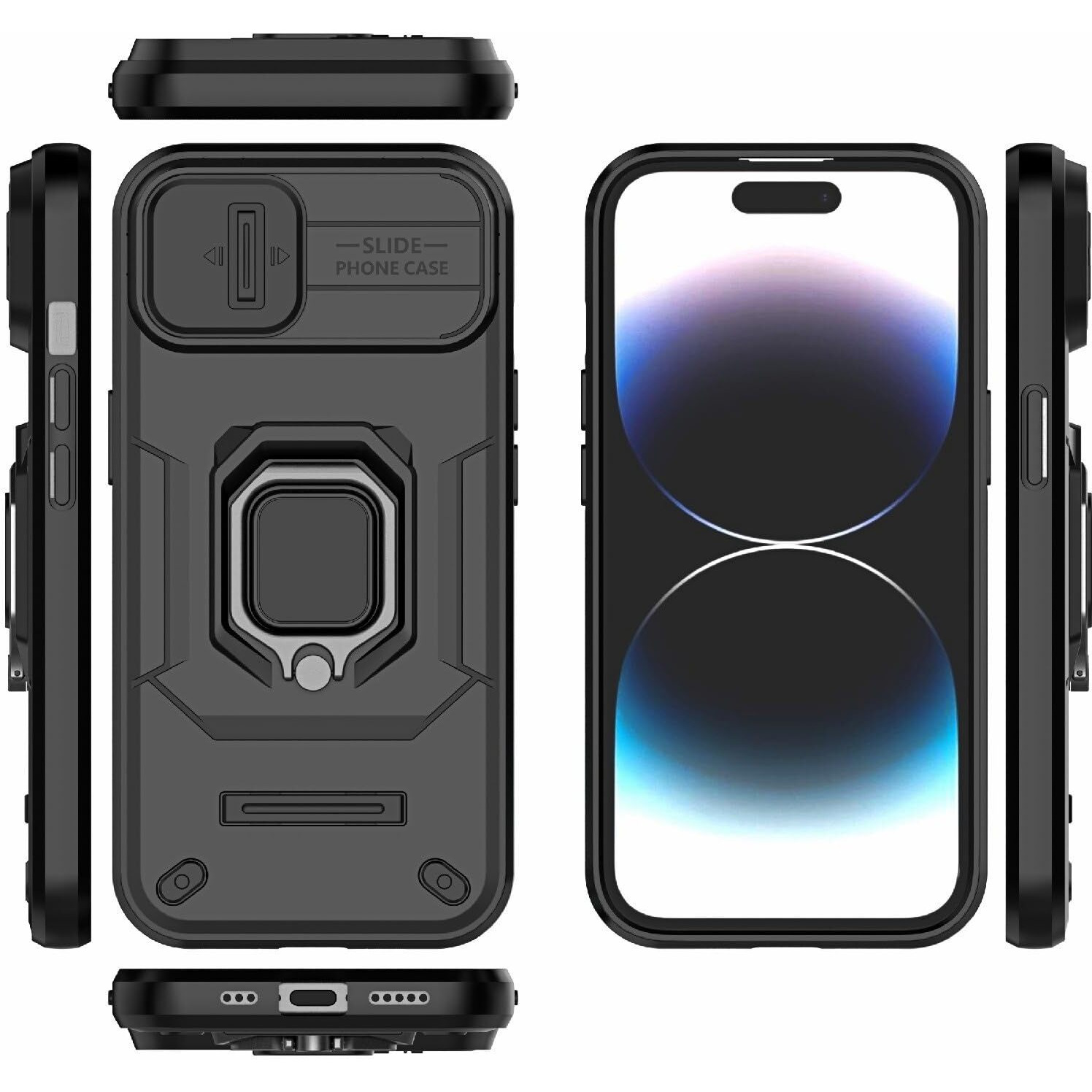 SHINESTAR Tough Armor iPhone 15 Bumper Back Case Cover | Ring Holder & Sliding Camera Shield Cover | 360 Degree Protection Back Case Cover for Apple iPhone 15 (Black)