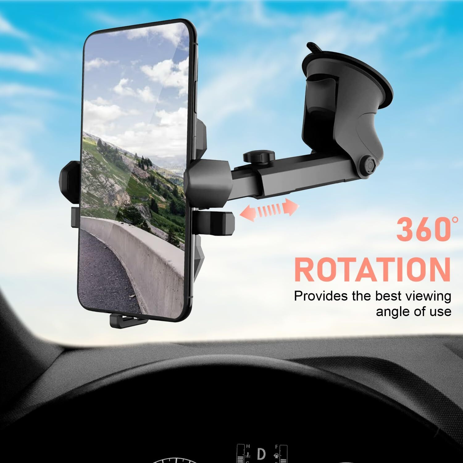 HUMBLE Universal Mobile Holder for Car Windshield/Dashboard with One Touch Technology Phone Stand for Car, Extendable Arm & Long Neck, Strong Suction Base Mobile Stand/Car Mount-(Black)