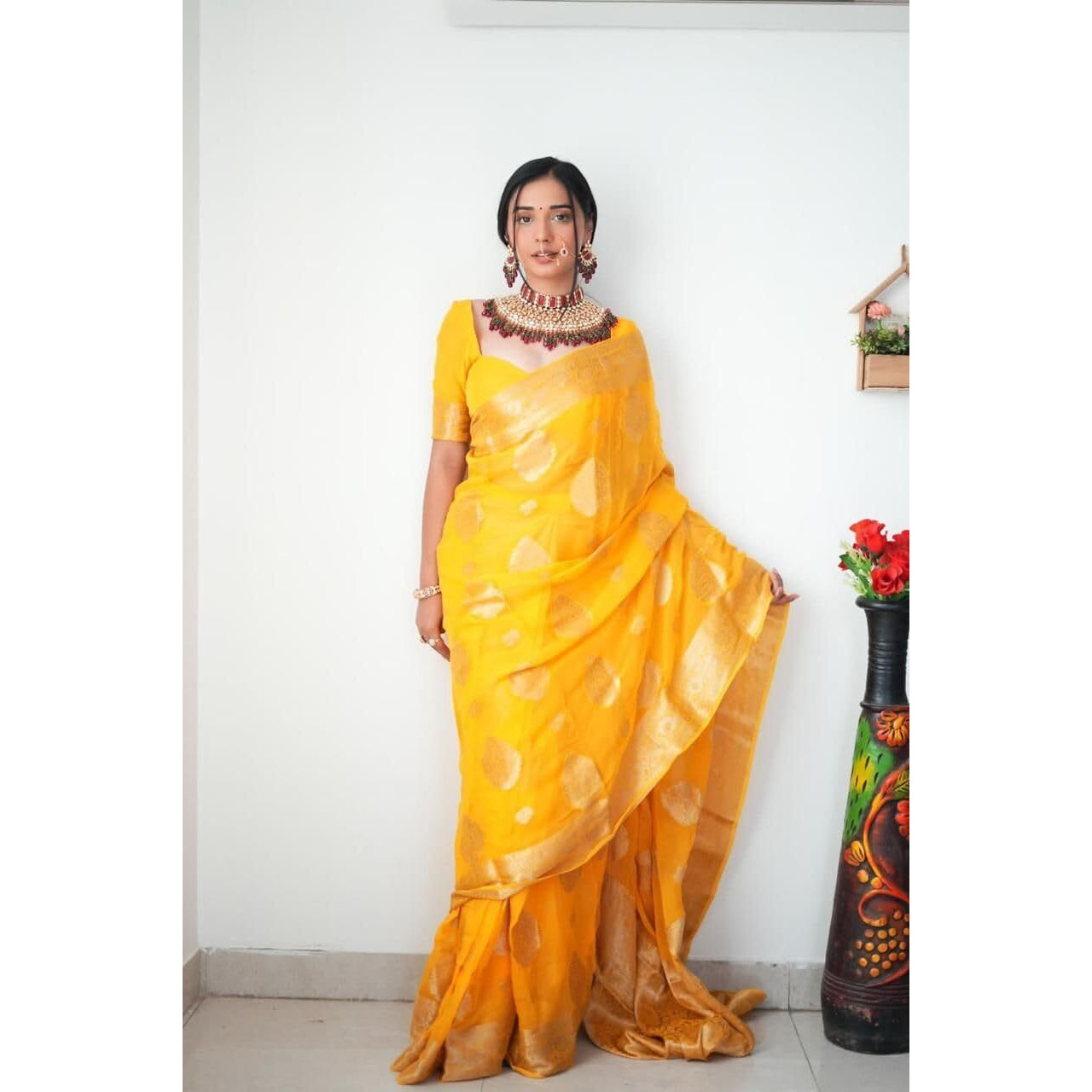 Shiv Textiles Ready to Wear Sarees for Women  Elegant Saree Gown | Premium Ready to Wear Saree for Women | Formal & Stylish Attire for Special Occasions.(ST-R-KP-5041-Yellow)