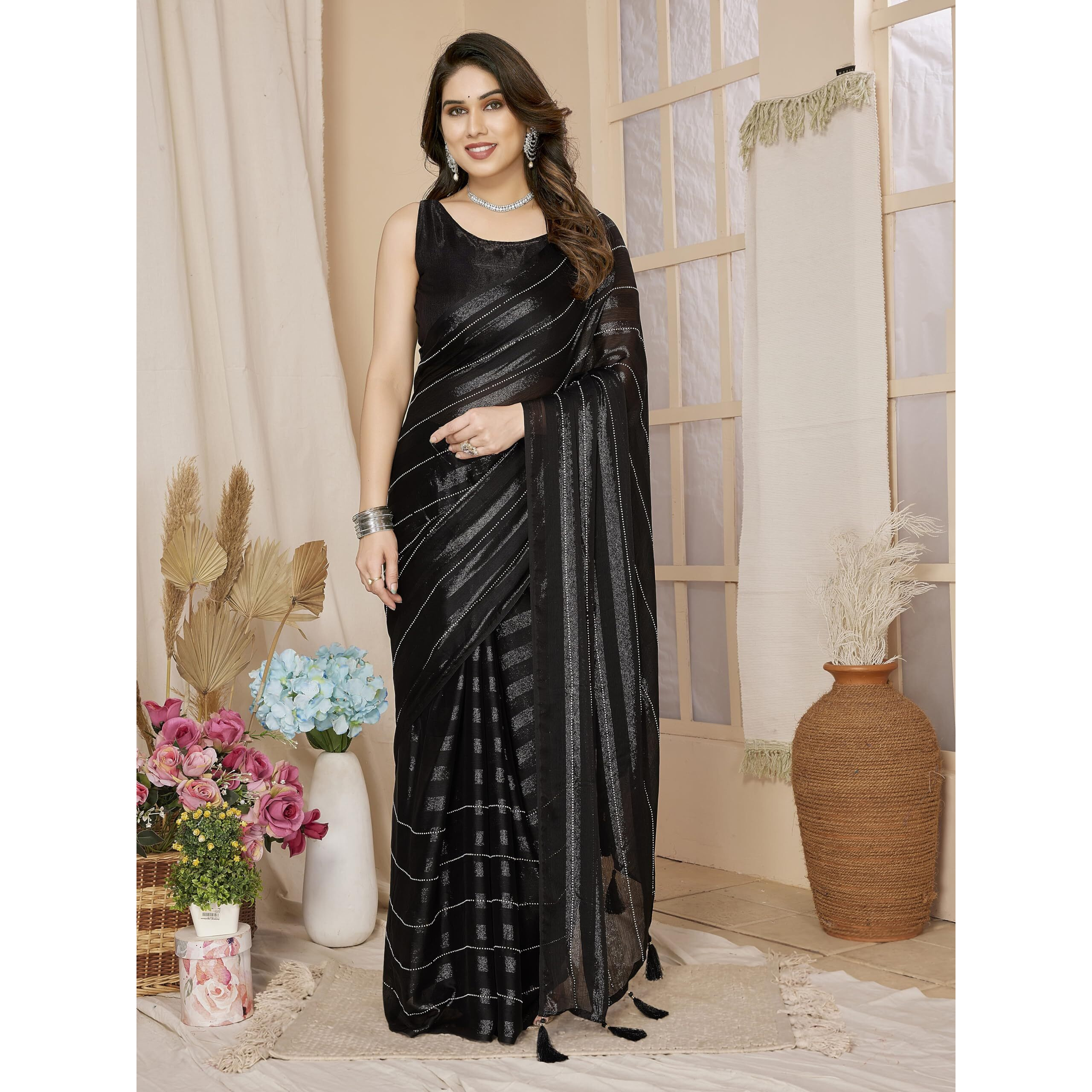 VAIRAGEE Women Soft Rimzim Silk Black Striped Pattern Ready To Wear Embroidery Saree (2055_4)