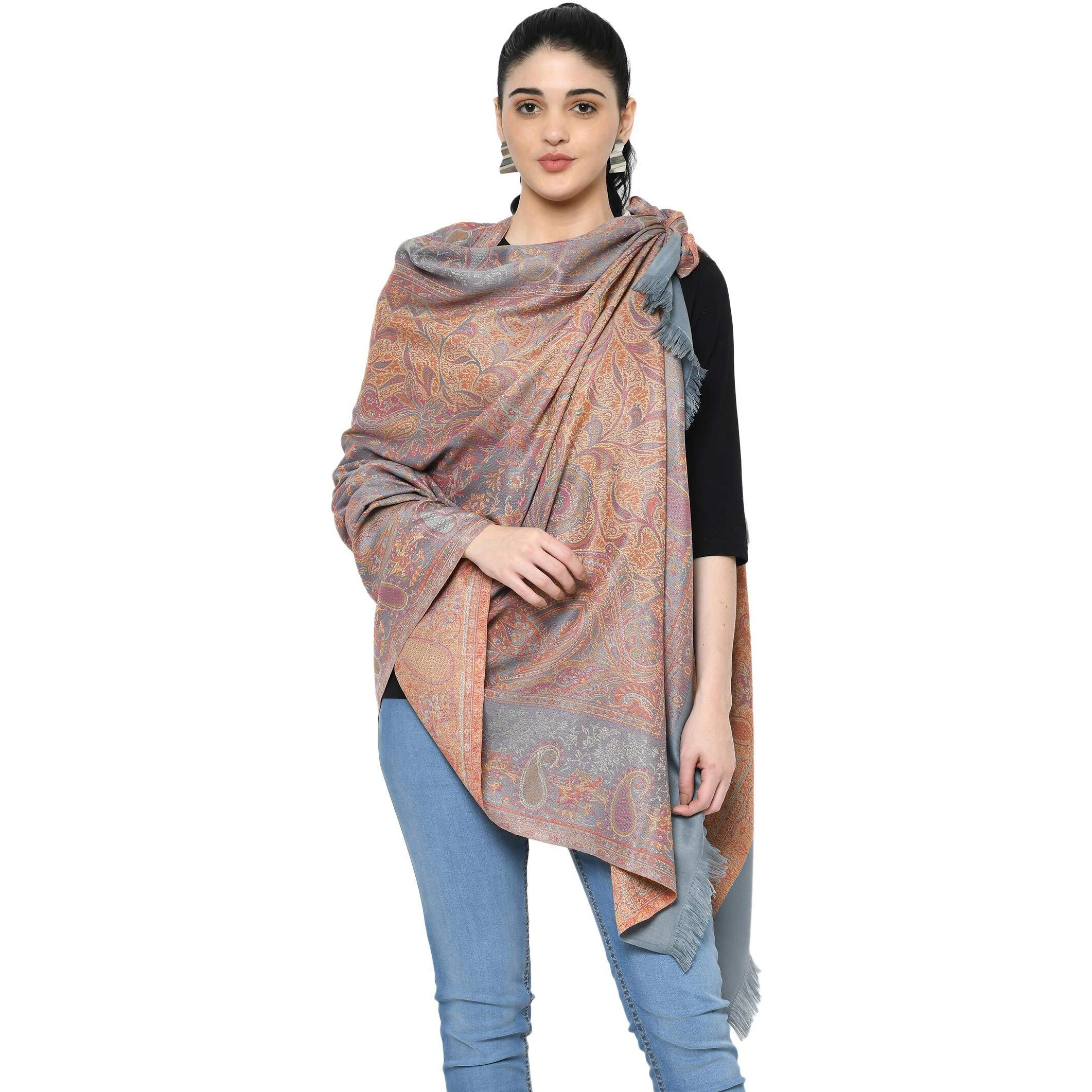 Weavers Villa - Women's Faux Pashmina Silk Paisley Design Shawls, Stoles (Grey), 100cm X 200cm
