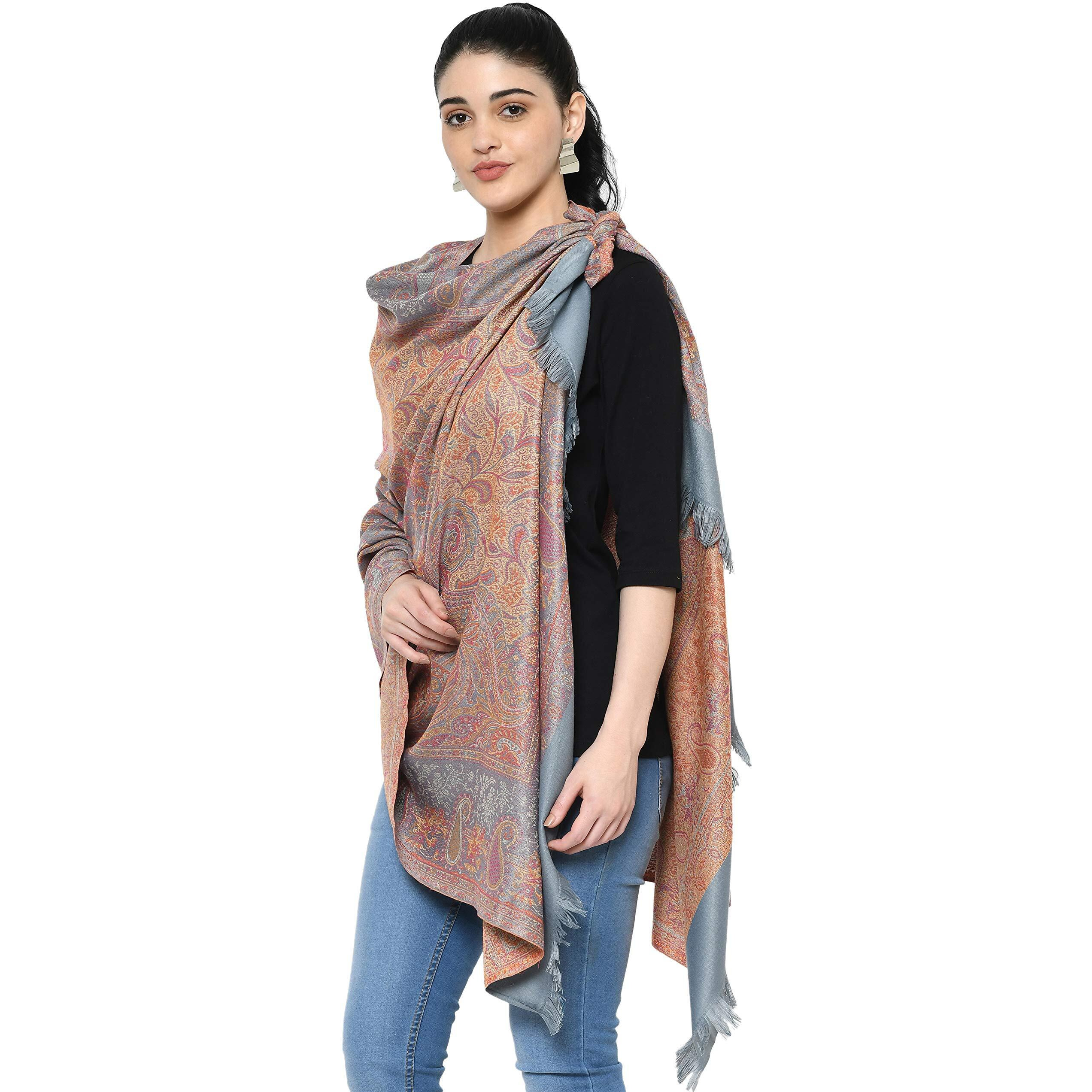 Weavers Villa - Women's Faux Pashmina Silk Paisley Design Shawls, Stoles (Grey), 100cm X 200cm