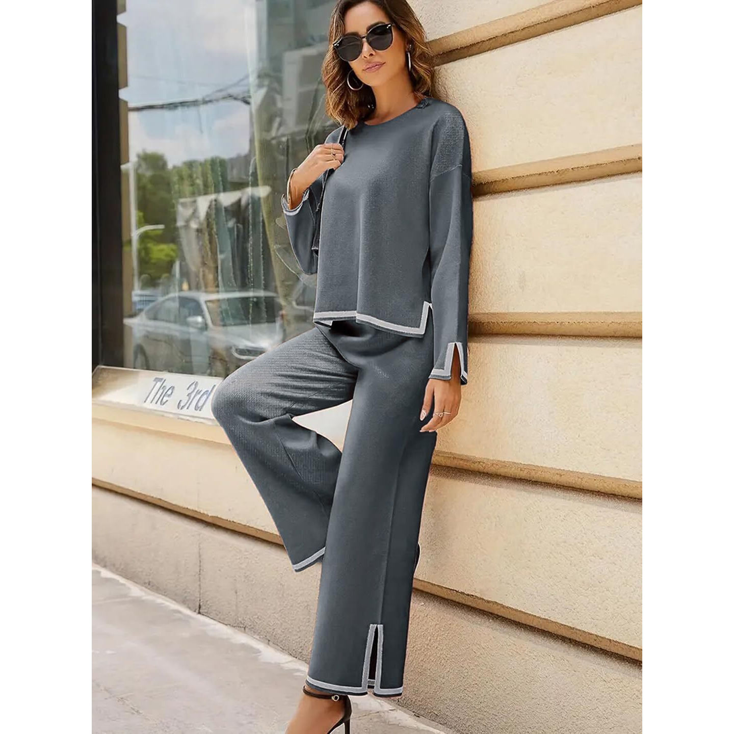 ALL YOURS Grey Contrast Piping Top with Trousers Co-Ords Tracksuits (ALLCS7014_ARG_L)