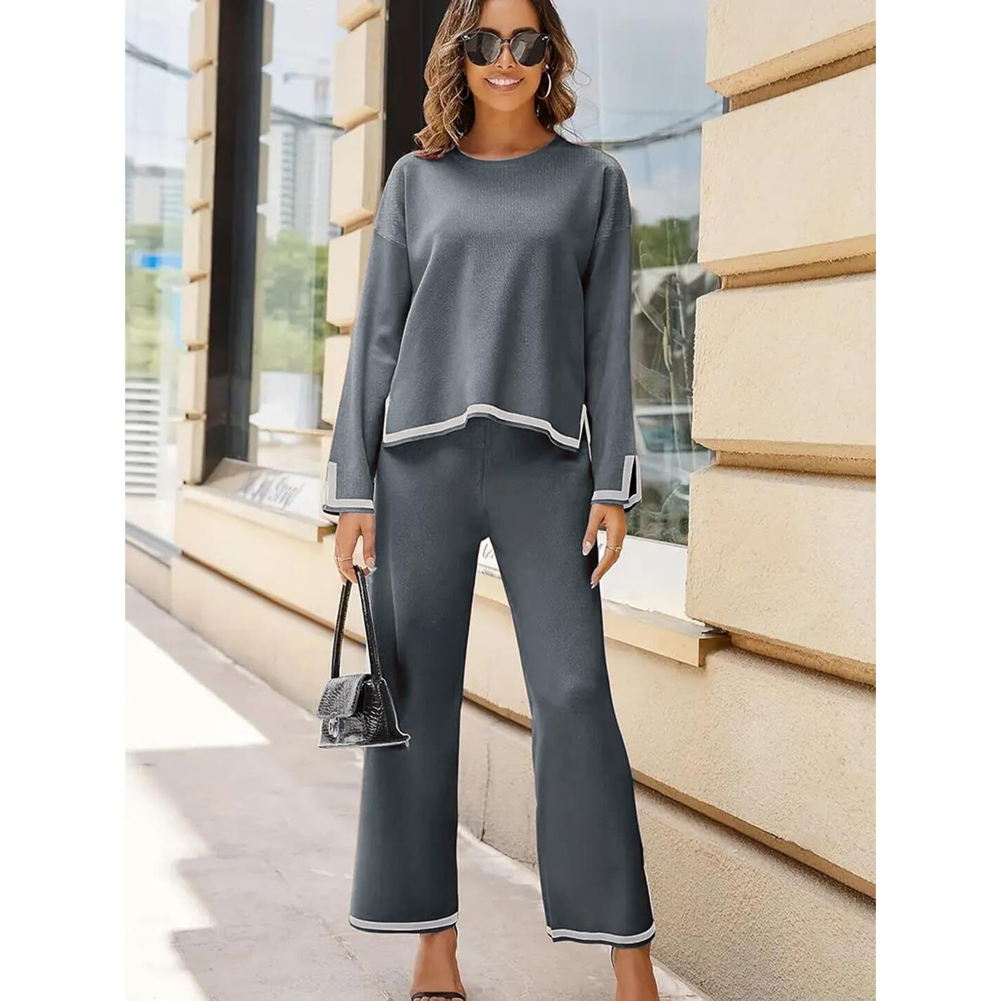 ALL YOURS Grey Contrast Piping Top with Trousers Co-Ords Tracksuits (ALLCS7014_ARG_L)