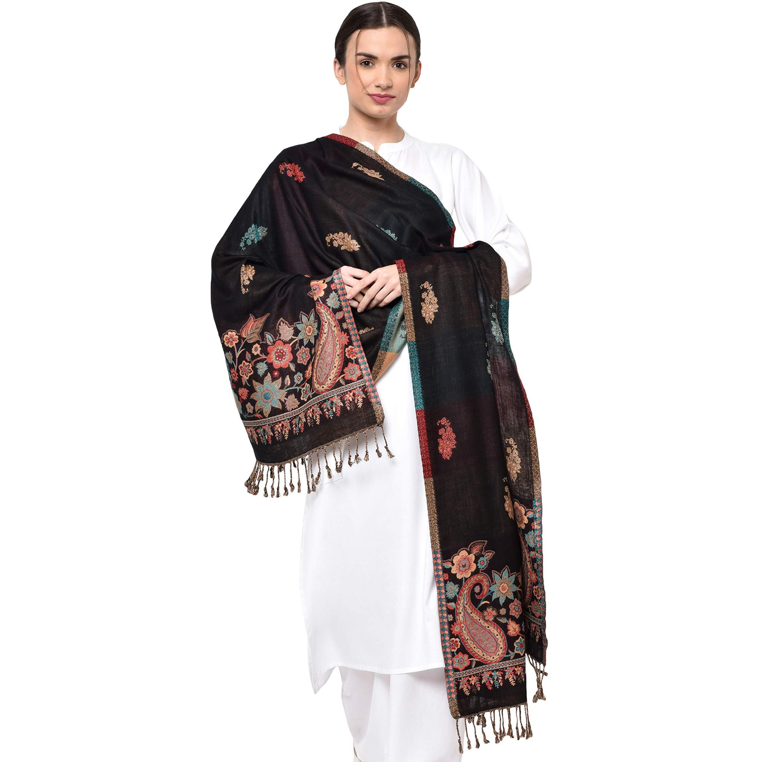 Weavers Villa Soft Viscose Kaju Buty Design Winter Stoles, Shawls (Black), 70cm X 200cm
