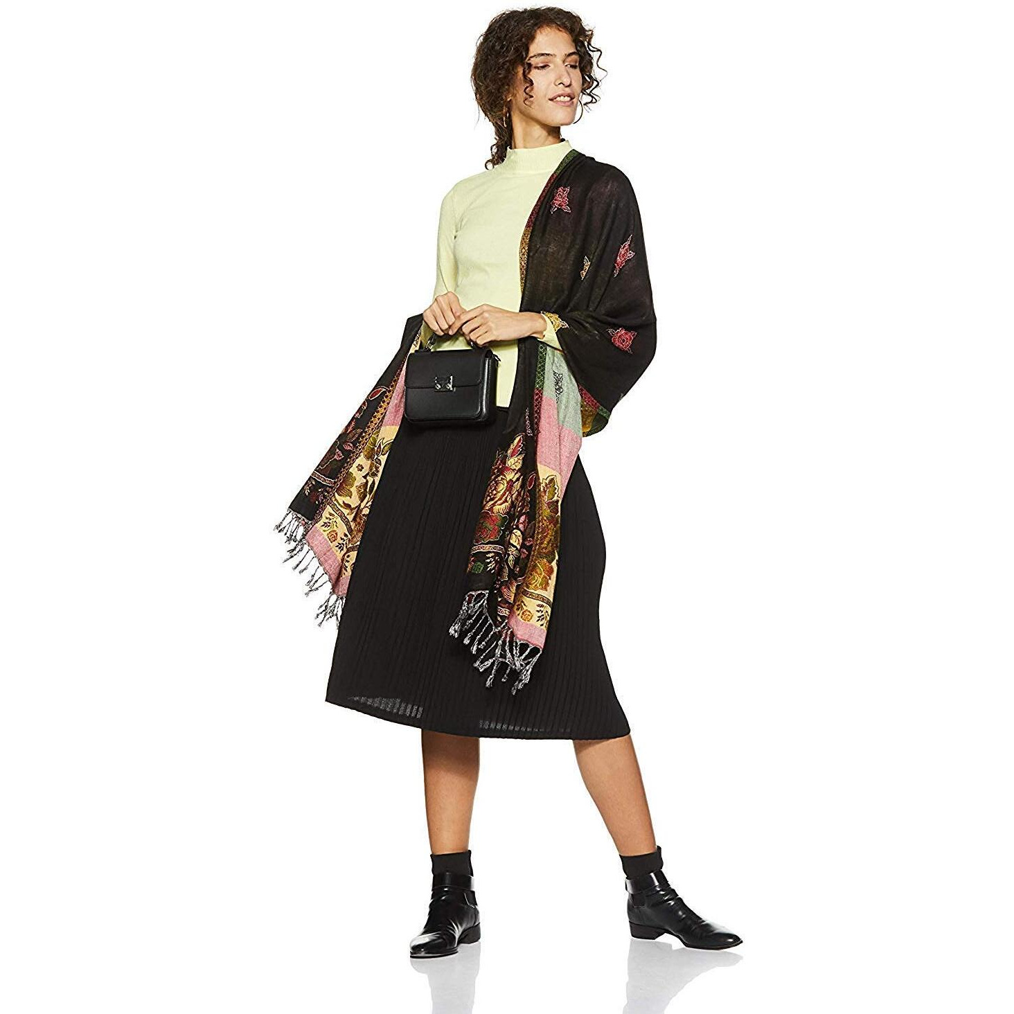 Weavers Villa Soft Viscose Kaju Buty Design Winter Stoles, Shawls (Black), 70cm X 200cm