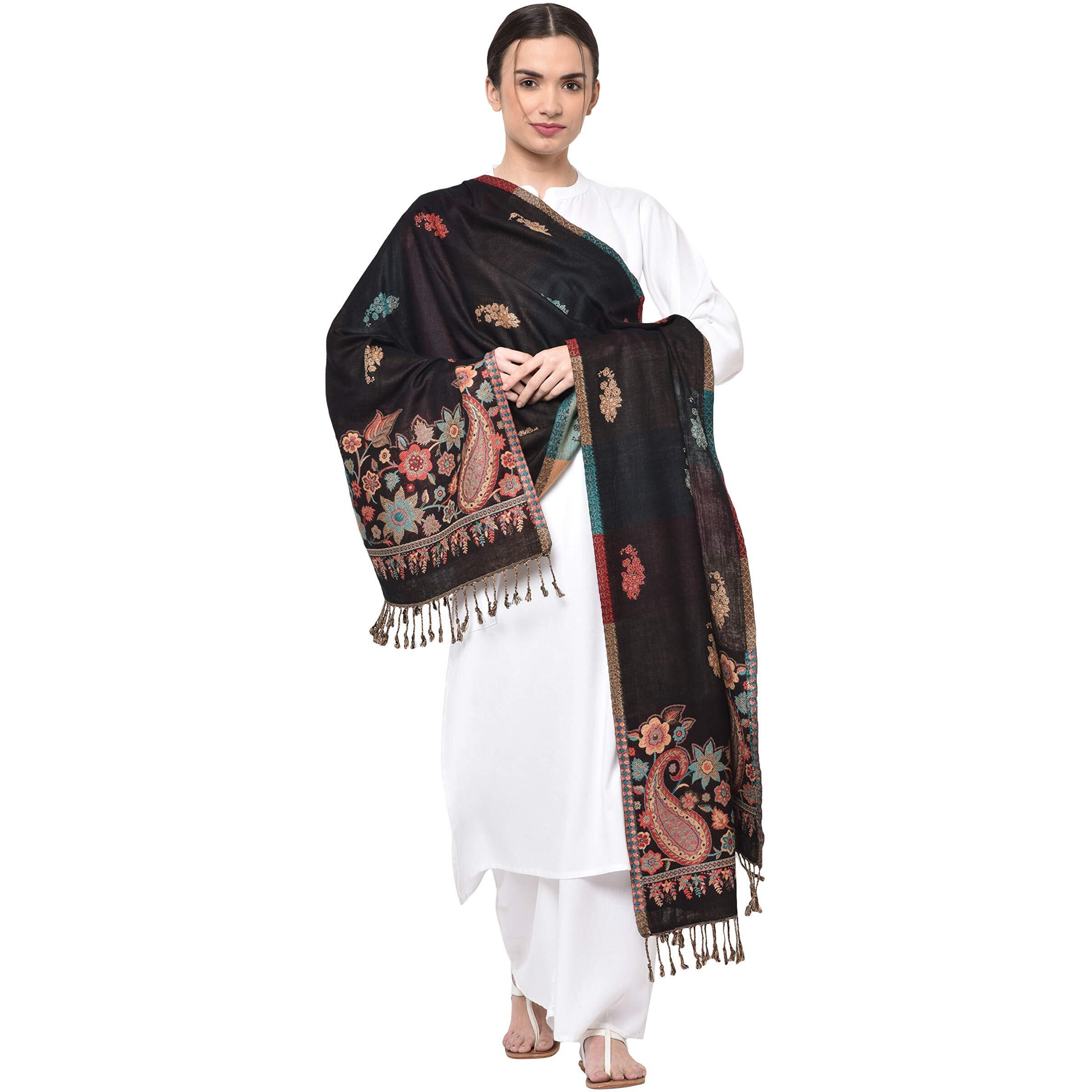 Weavers Villa Soft Viscose Kaju Buty Design Winter Stoles, Shawls (Black), 70cm X 200cm