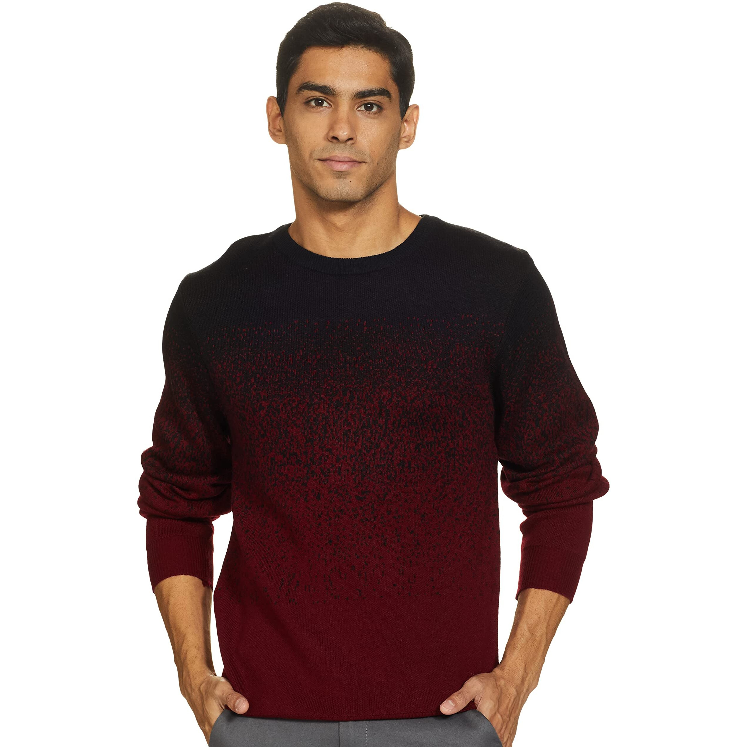 Amazon Brand - Symbol Men's LS Gradient Grunge Sweater Acrylic Round Neck Pullover (SY-A22-MNA-SW-04_Maroon / Black_Medium)