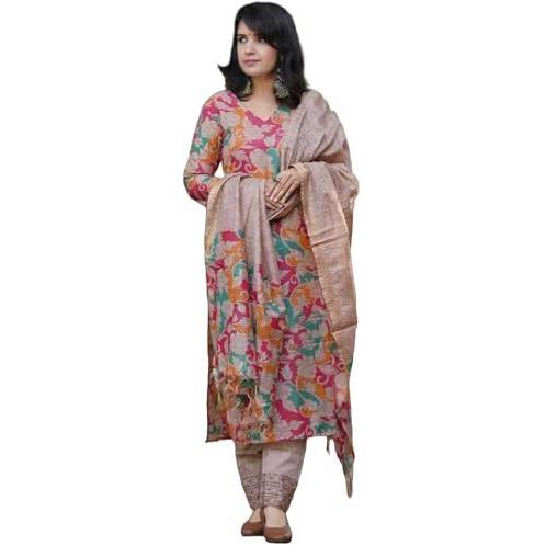 ANNI DESIGNER Women's Cotton Blend Straight Printed Kurta with Pant & Dupatta (Candy Beige_XL_Beige_X-Large)