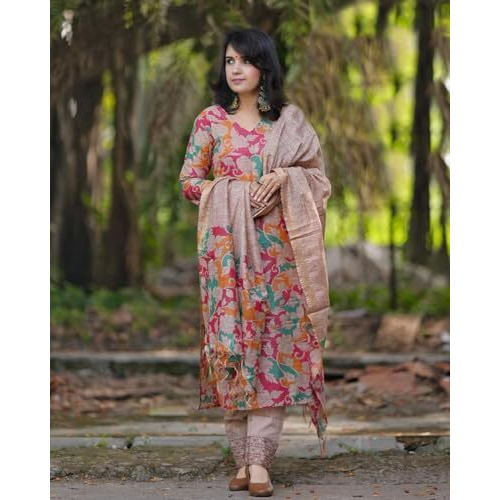 ANNI DESIGNER Women's Cotton Blend Straight Printed Kurta with Pant & Dupatta (Candy Beige_XL_Beige_X-Large)