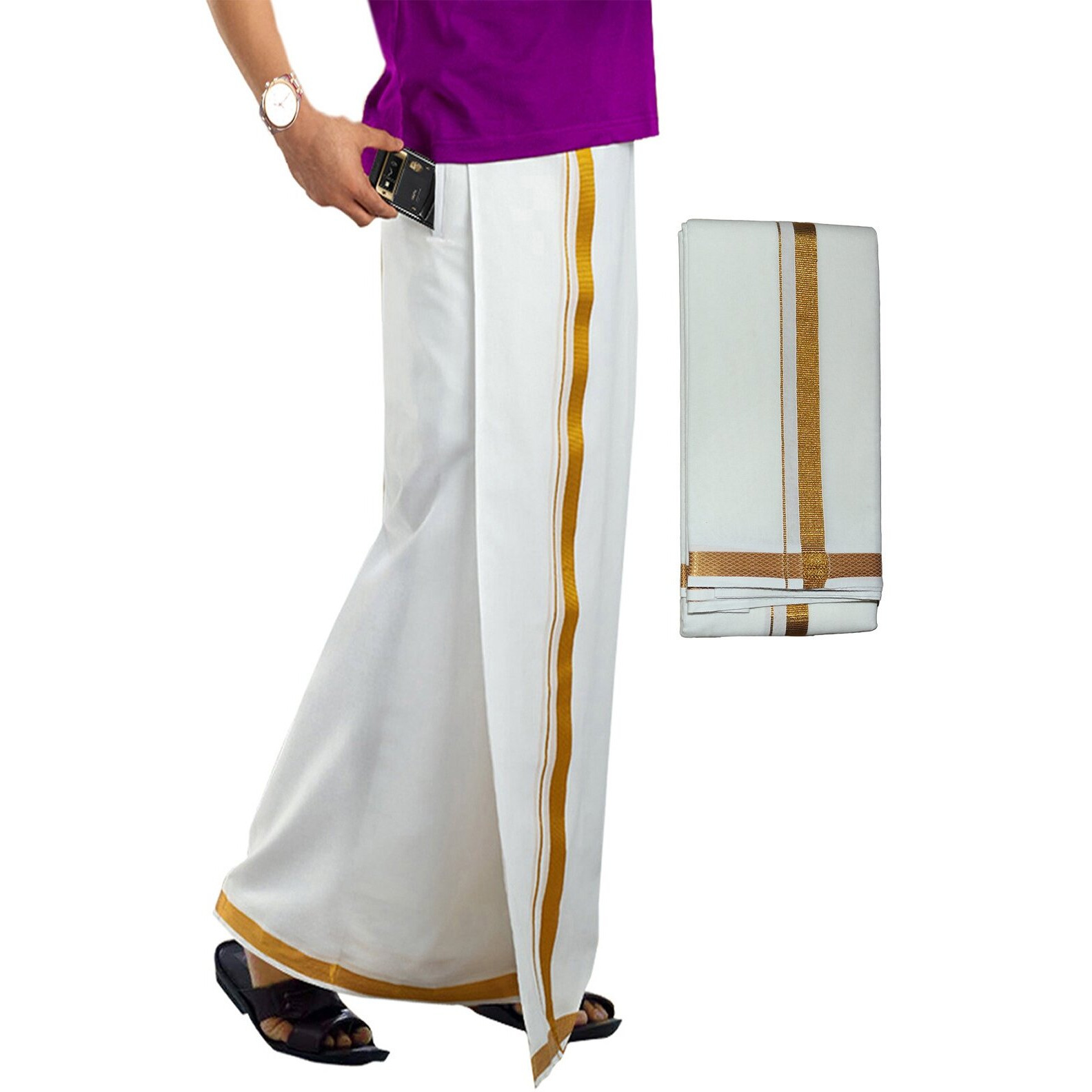 PRAKASAM COTTON Mens White Colour Zari Cotton Welcro Pocket Dhoti with Matching Towel-(Size 36)