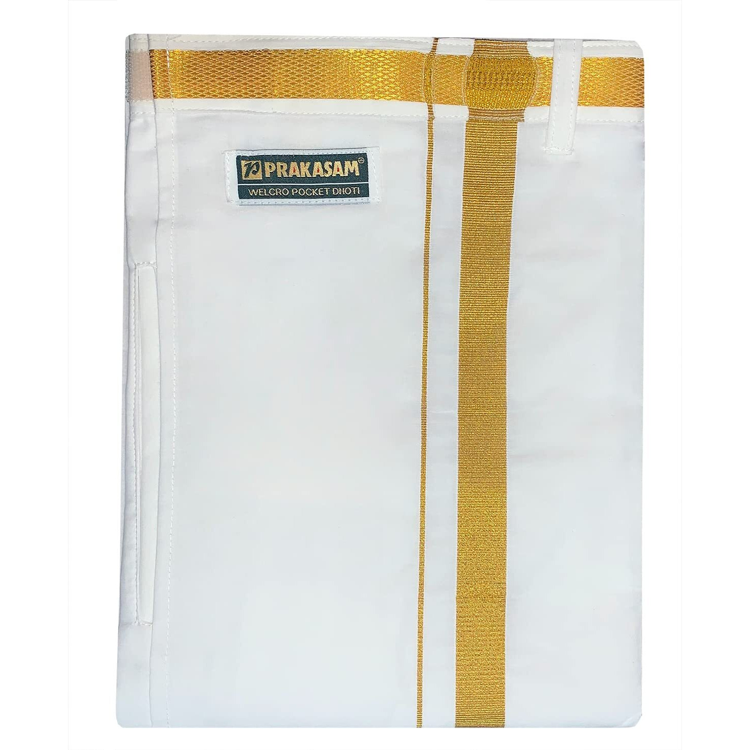 PRAKASAM COTTON Mens White Colour Zari Cotton Welcro Pocket Dhoti with Matching Towel-(Size 36)