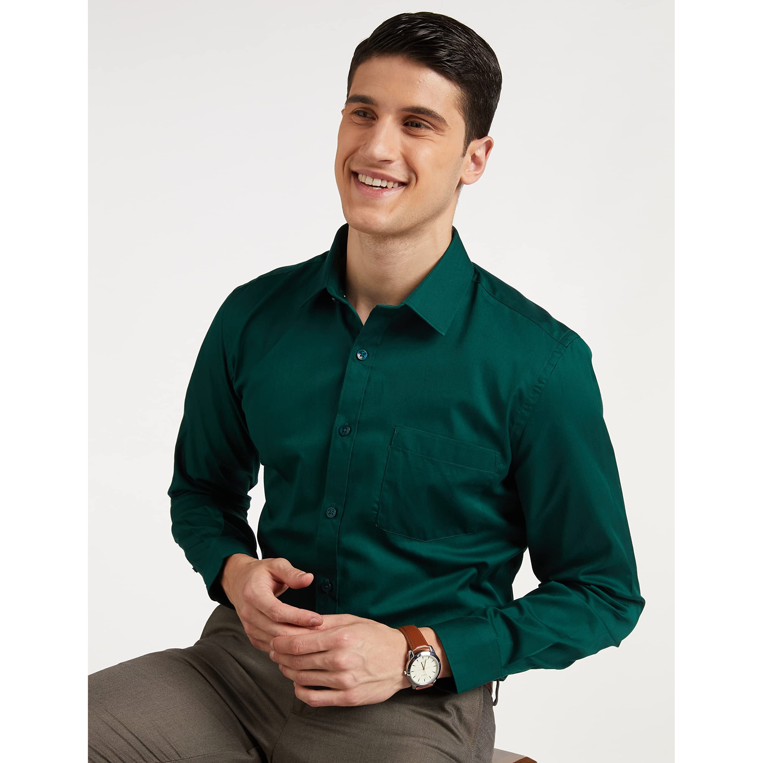 Amazon Brand - Symbol Men's 100% Cotton Slim Fit Formal Shirt Bottle Green 42