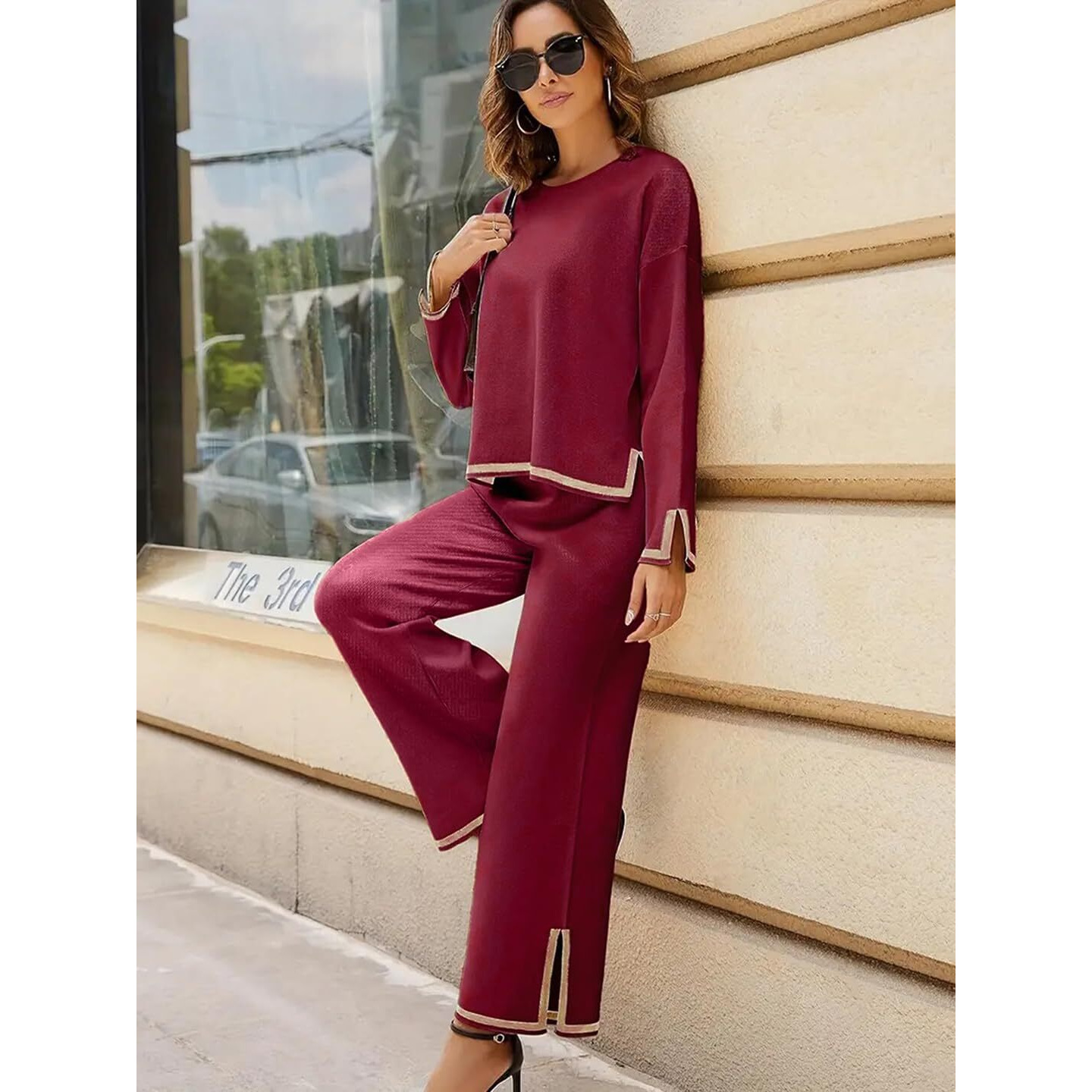 ALL YOURS Maroon Contrast Piping Top With Trousers Co-Ords Tracksuits (ALLCS7015_ARG_L)