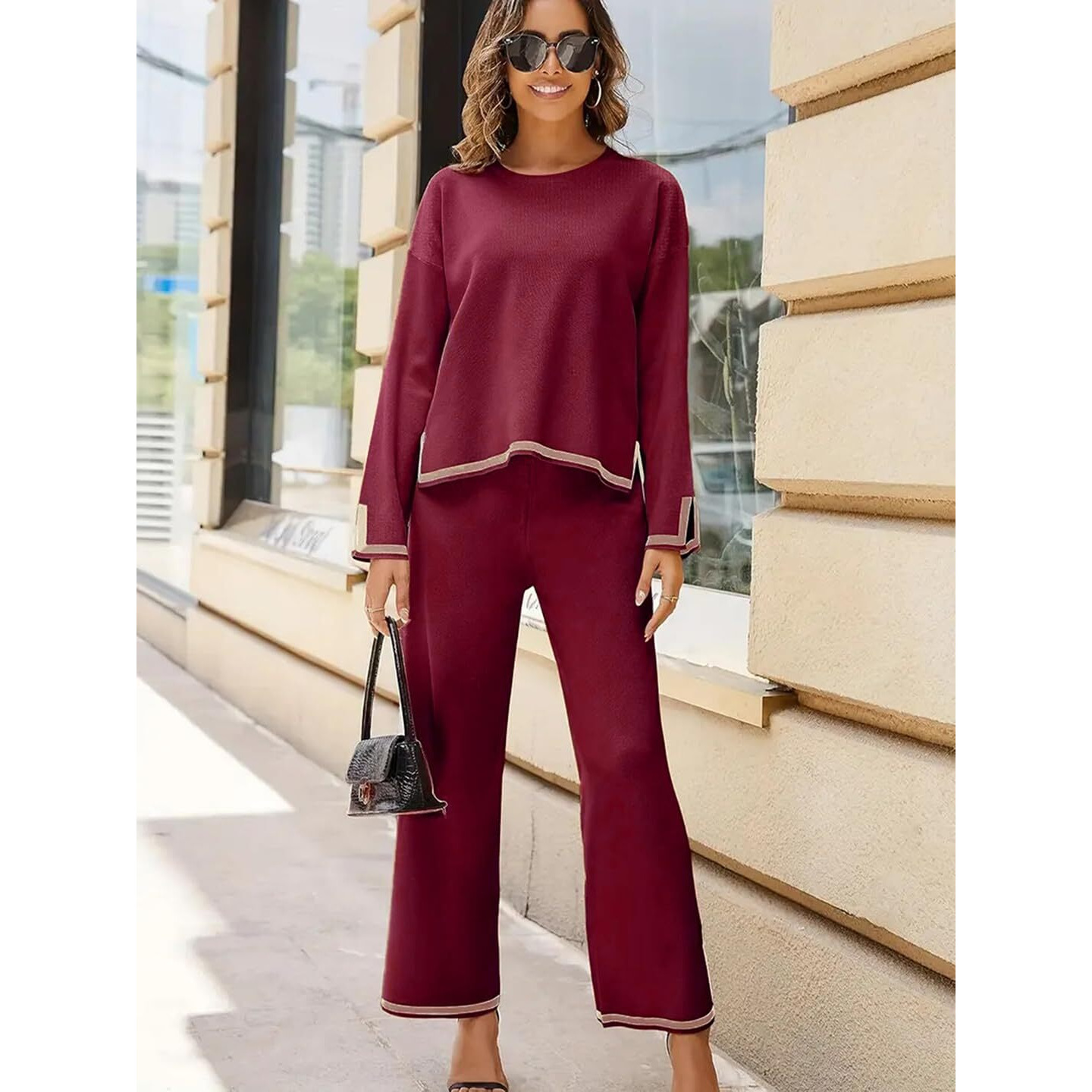 ALL YOURS Maroon Contrast Piping Top With Trousers Co-Ords Tracksuits (ALLCS7015_ARG_L)