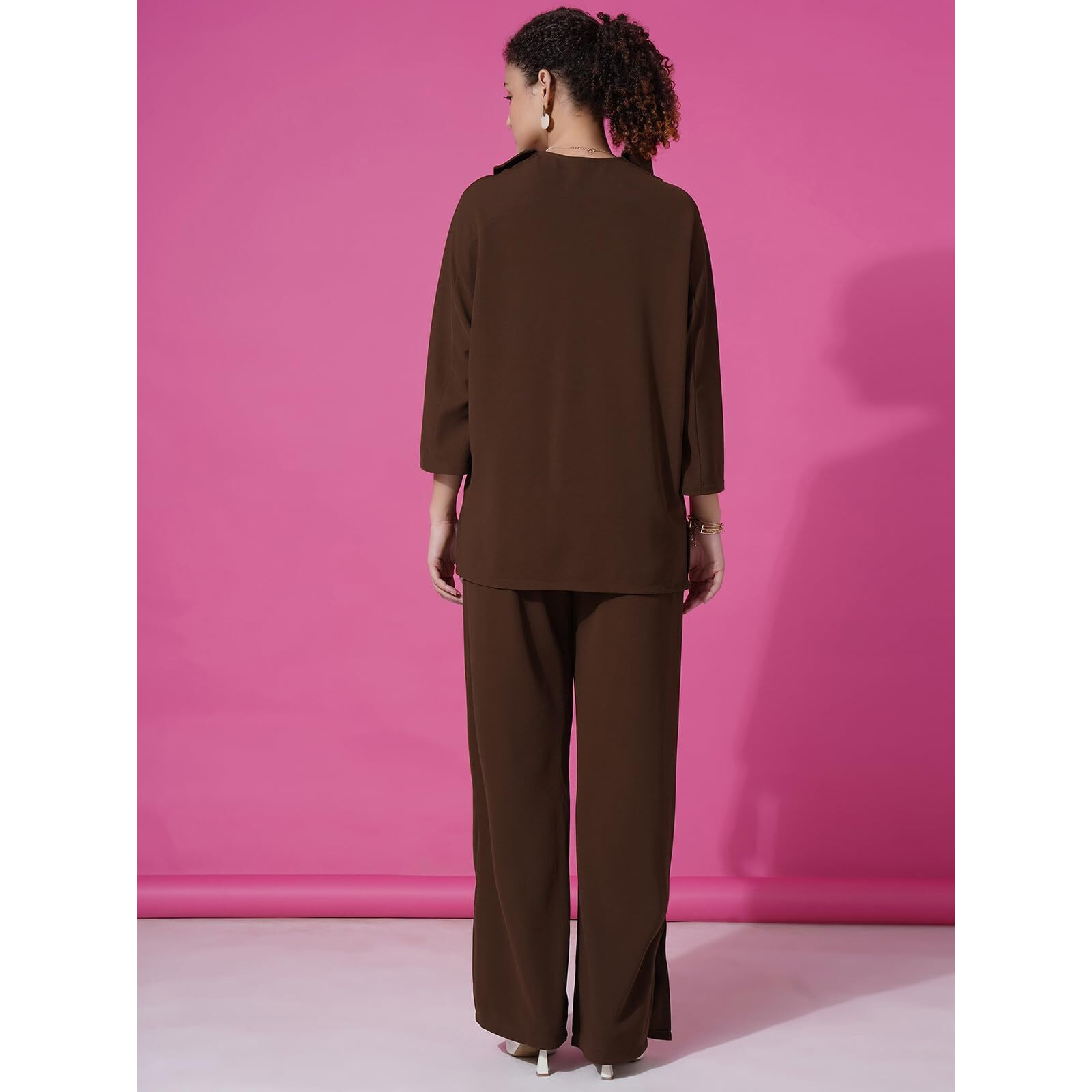 Selvia Women's Co-ords Set|Lycra Oversized Top & Trouser Set|Casual Co-ords Set for Women|Two Piece Co-ord Set|Office Wear Co-ords Set(710CTK11694N-XL_Brown)