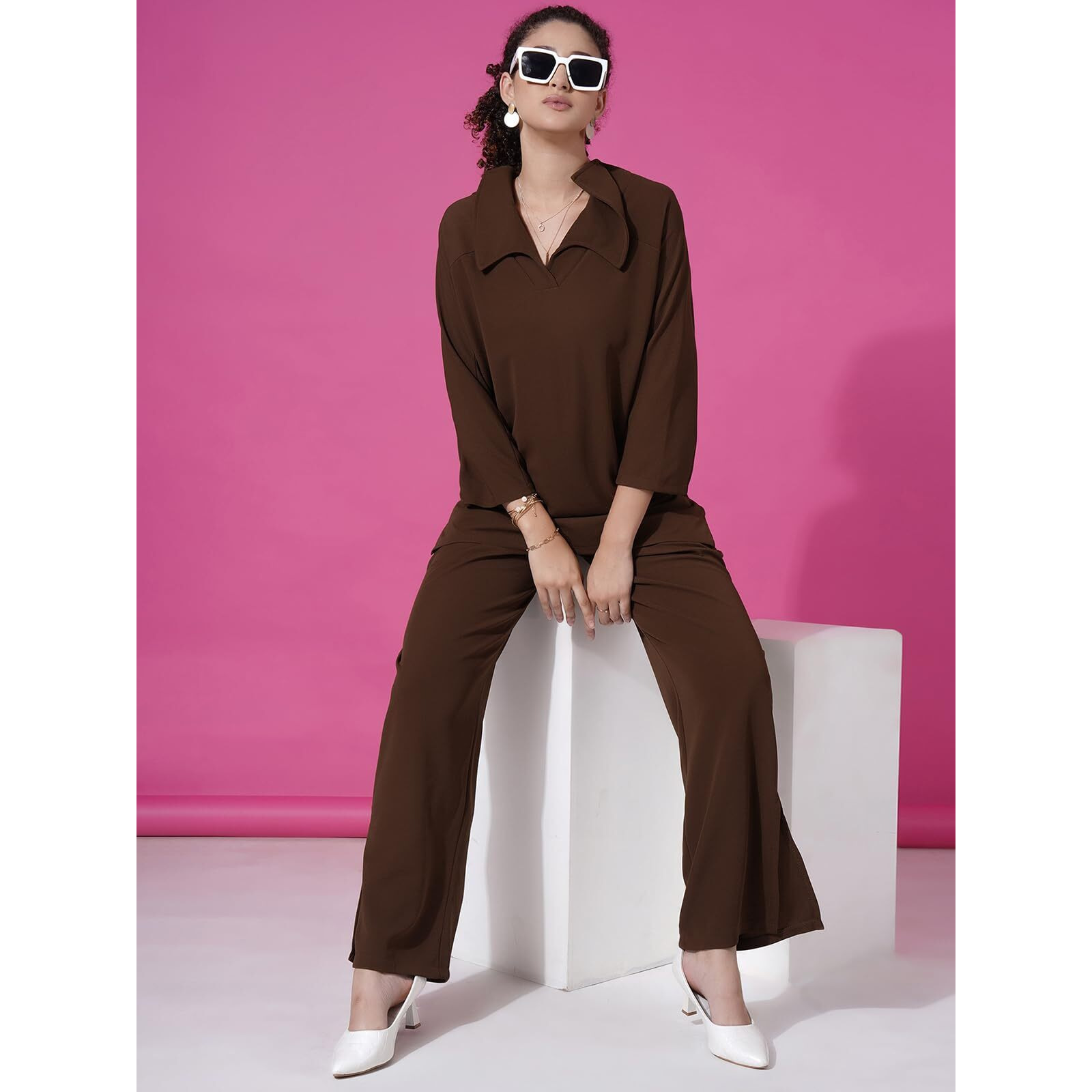 Selvia Women's Co-ords Set|Lycra Oversized Top & Trouser Set|Casual Co-ords Set for Women|Two Piece Co-ord Set|Office Wear Co-ords Set(710CTK11694N-XL_Brown)
